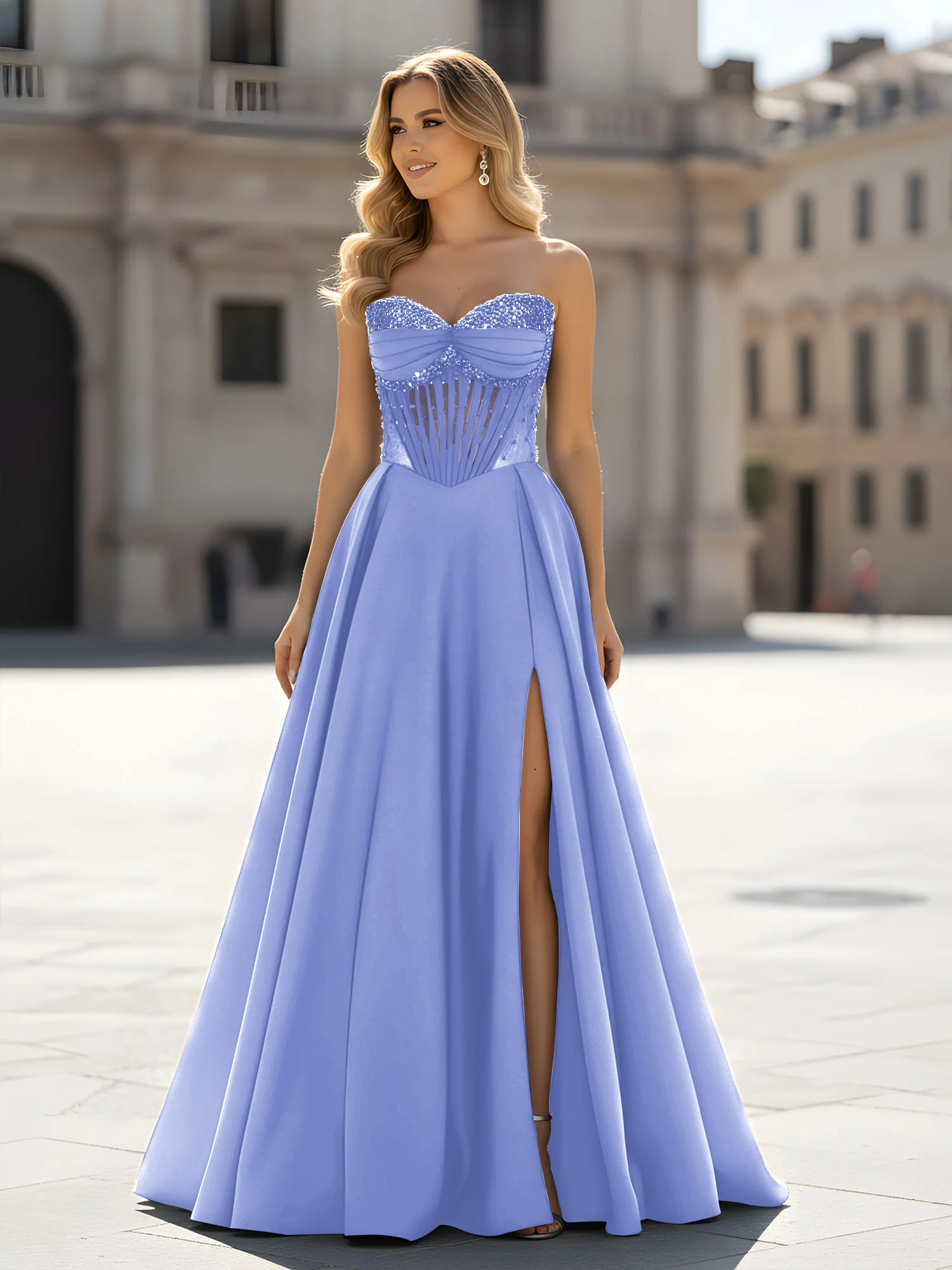 Sequin Sweetheart Bodice A-Line Gown with Slit Lavender
