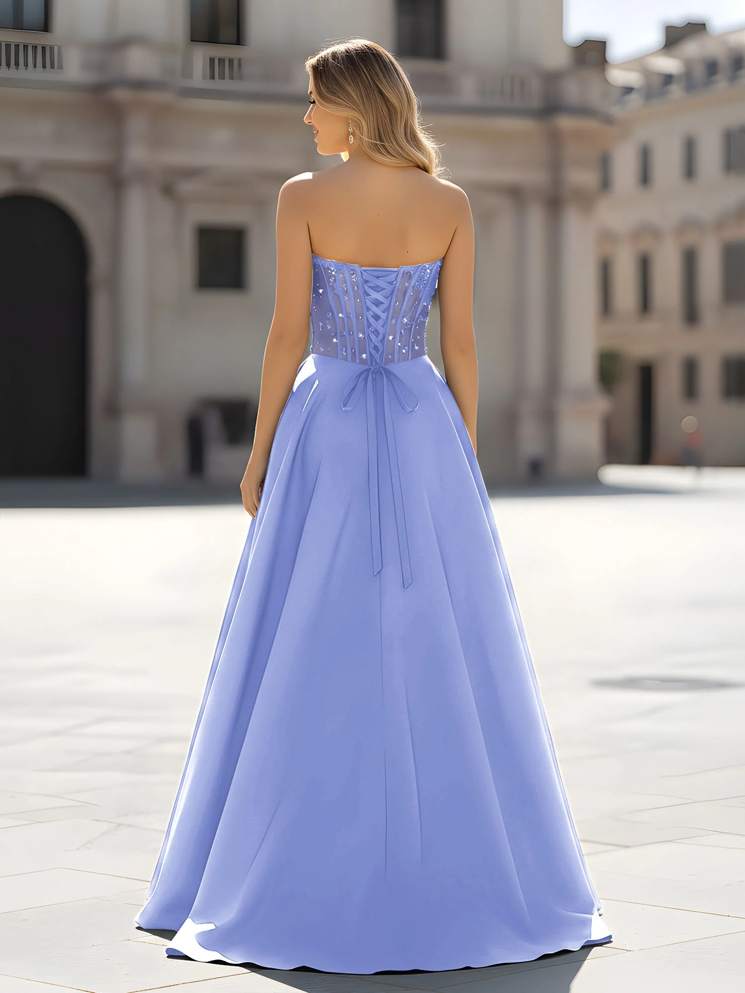 Sequin Sweetheart Bodice A-Line Gown with Slit Lavender - Image 2