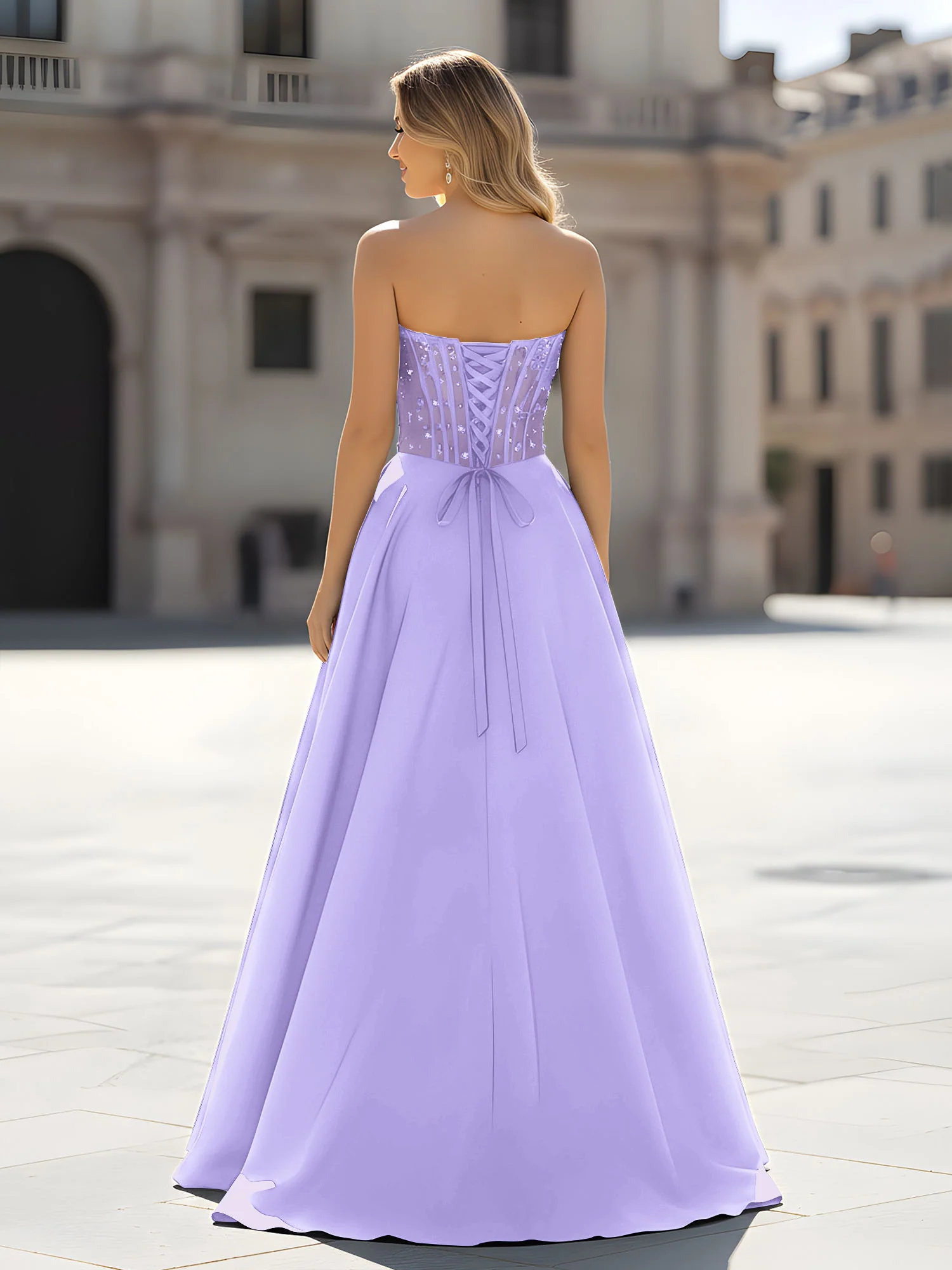 Sequin Sweetheart Bodice A-Line Gown with Slit Lilac - Image 2