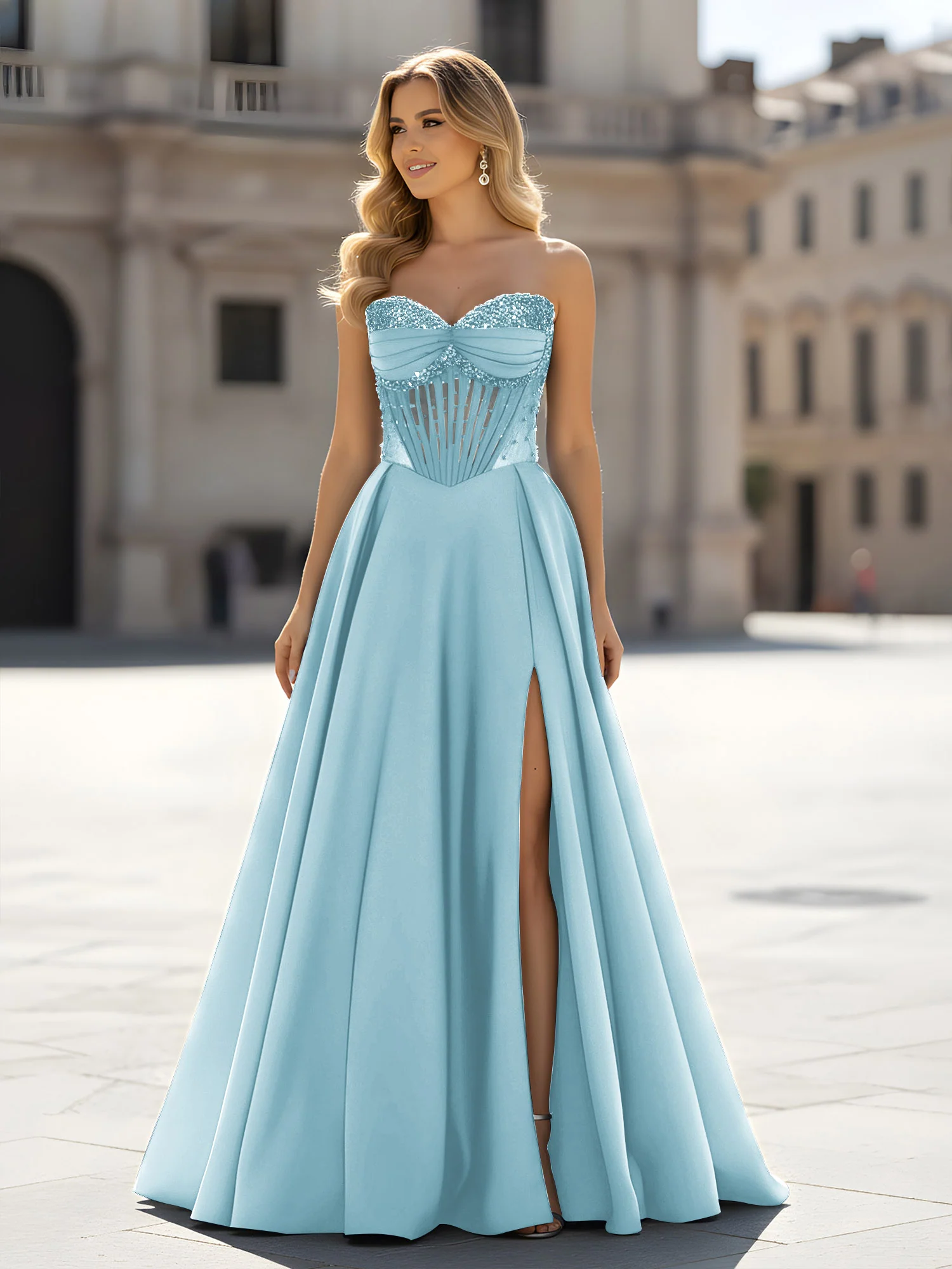 Sequin Sweetheart Bodice A-Line Gown with Slit Mist