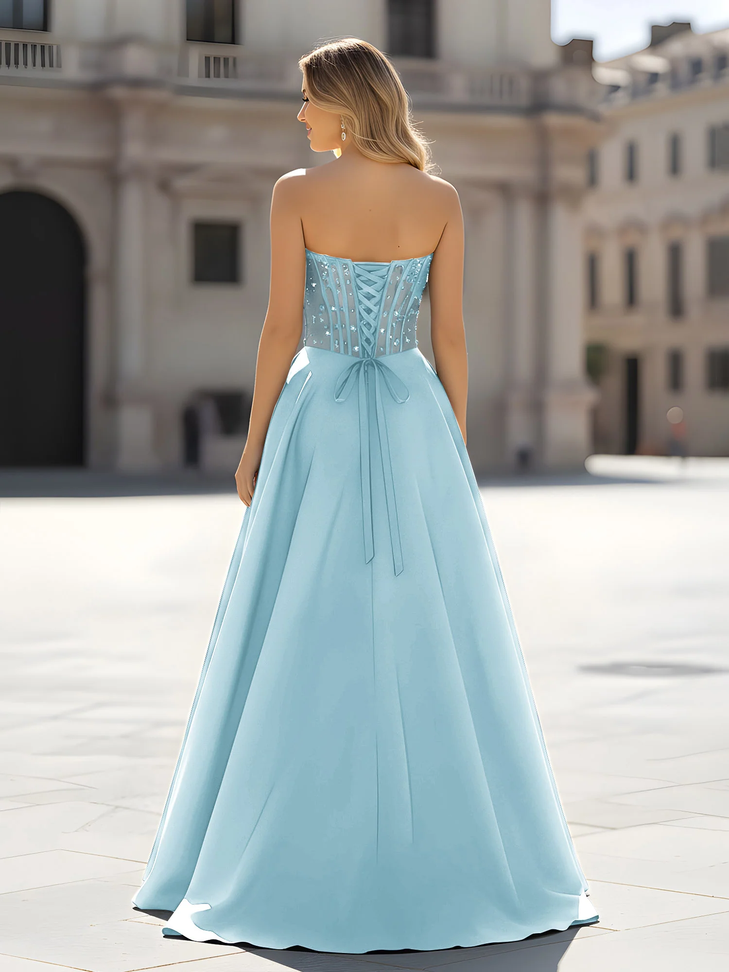 Sequin Sweetheart Bodice A-Line Gown with Slit Mist - Image 2