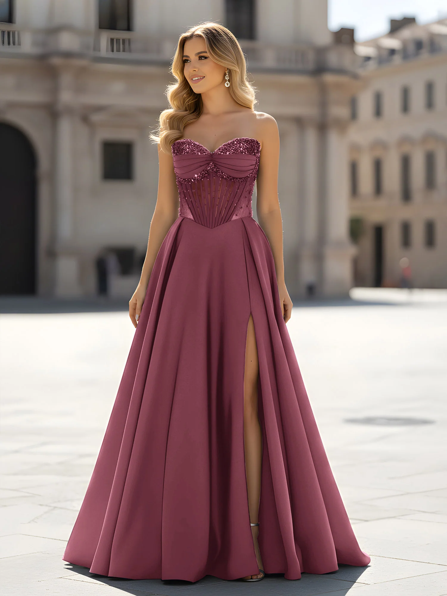 Sequin Sweetheart Bodice A-Line Gown with Slit Mulberry