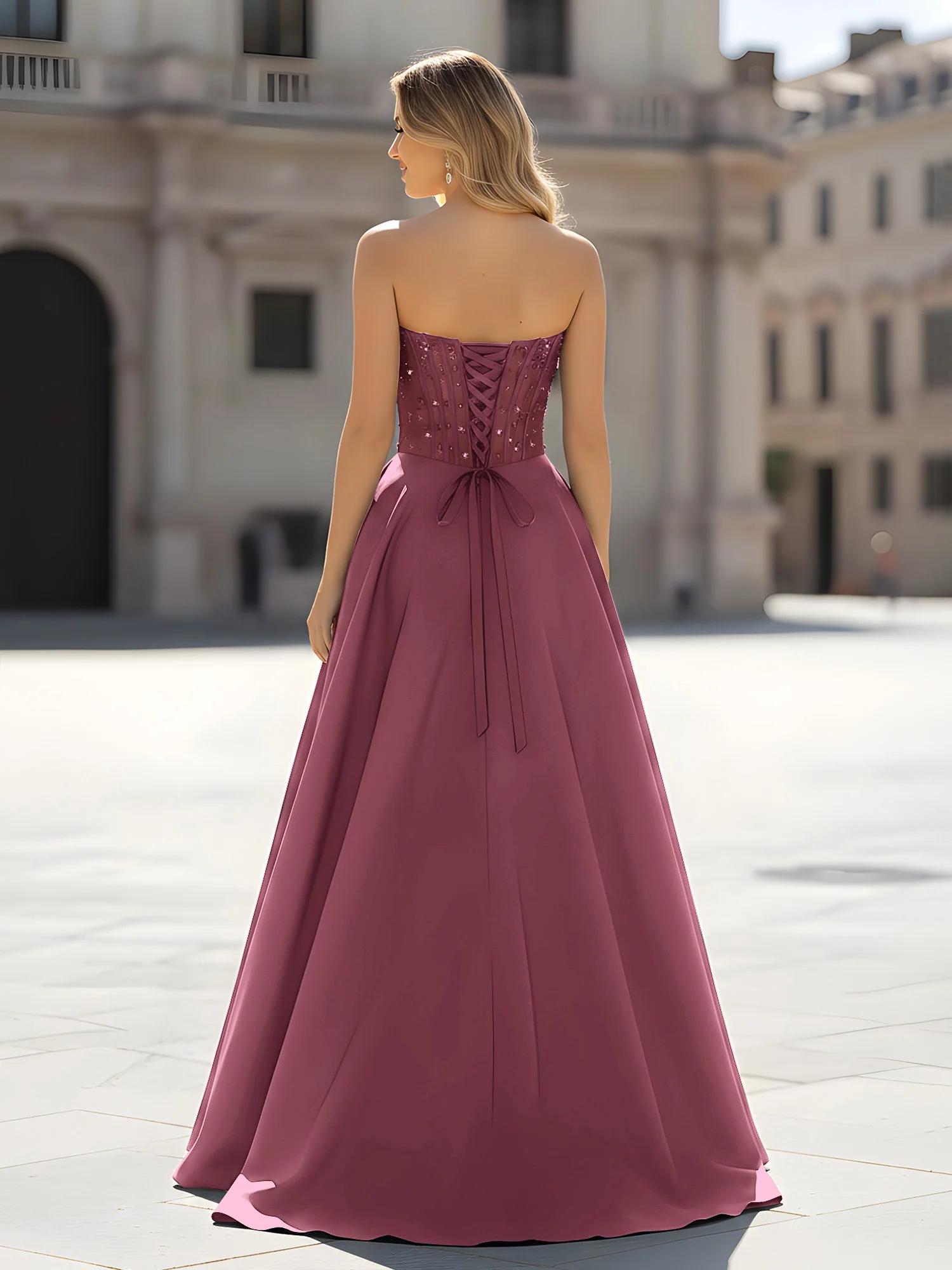Sequin Sweetheart Bodice A-Line Gown with Slit Mulberry - Image 2