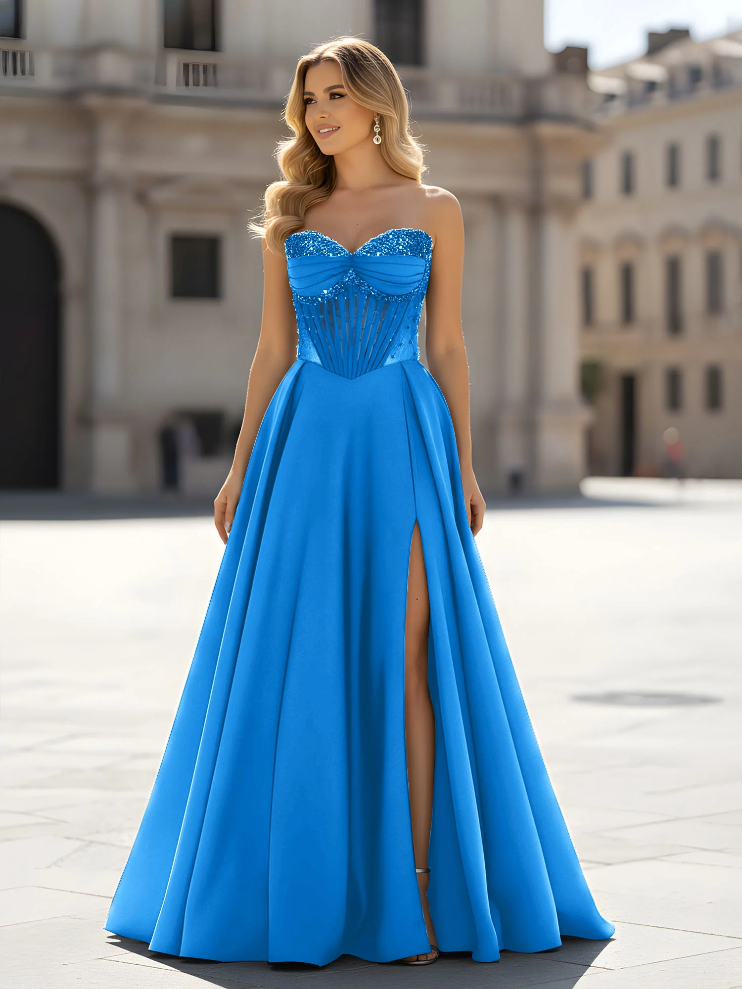 Sequin Sweetheart Bodice A-Line Gown with Slit Ocean Blue