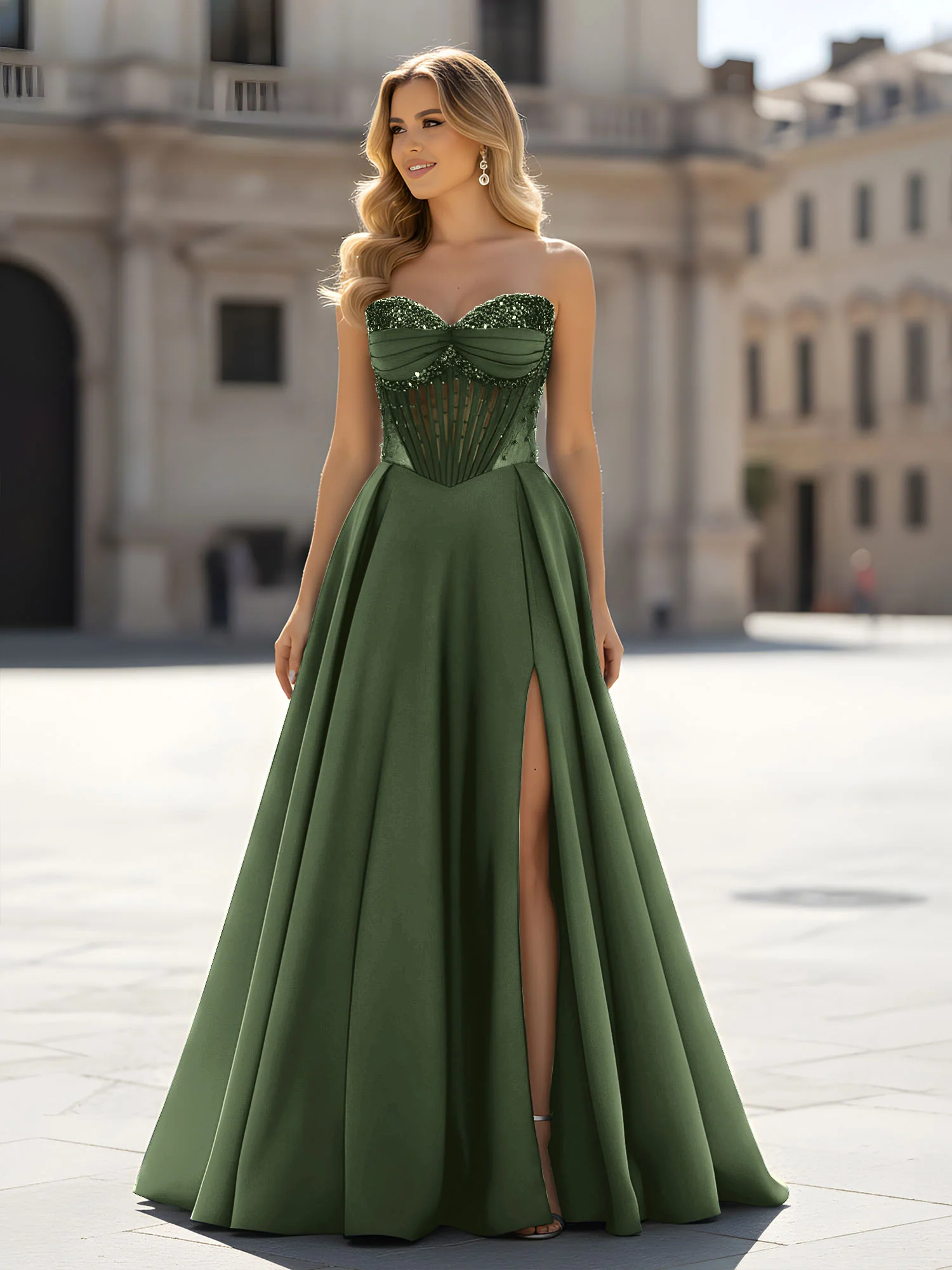 Sequin Sweetheart Bodice A-Line Gown with Slit Olive Green