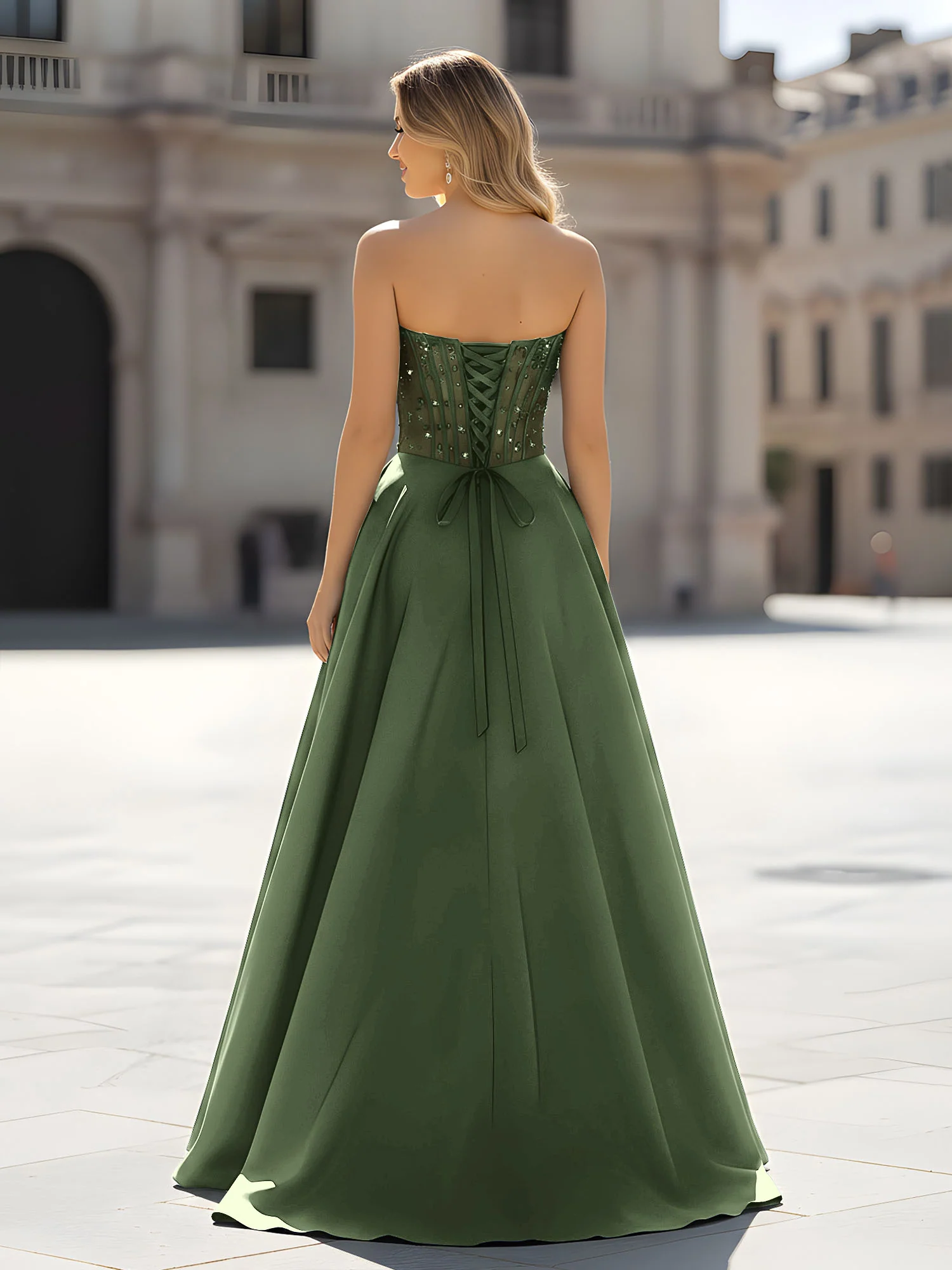 Sequin Sweetheart Bodice A-Line Gown with Slit Olive Green - Image 2