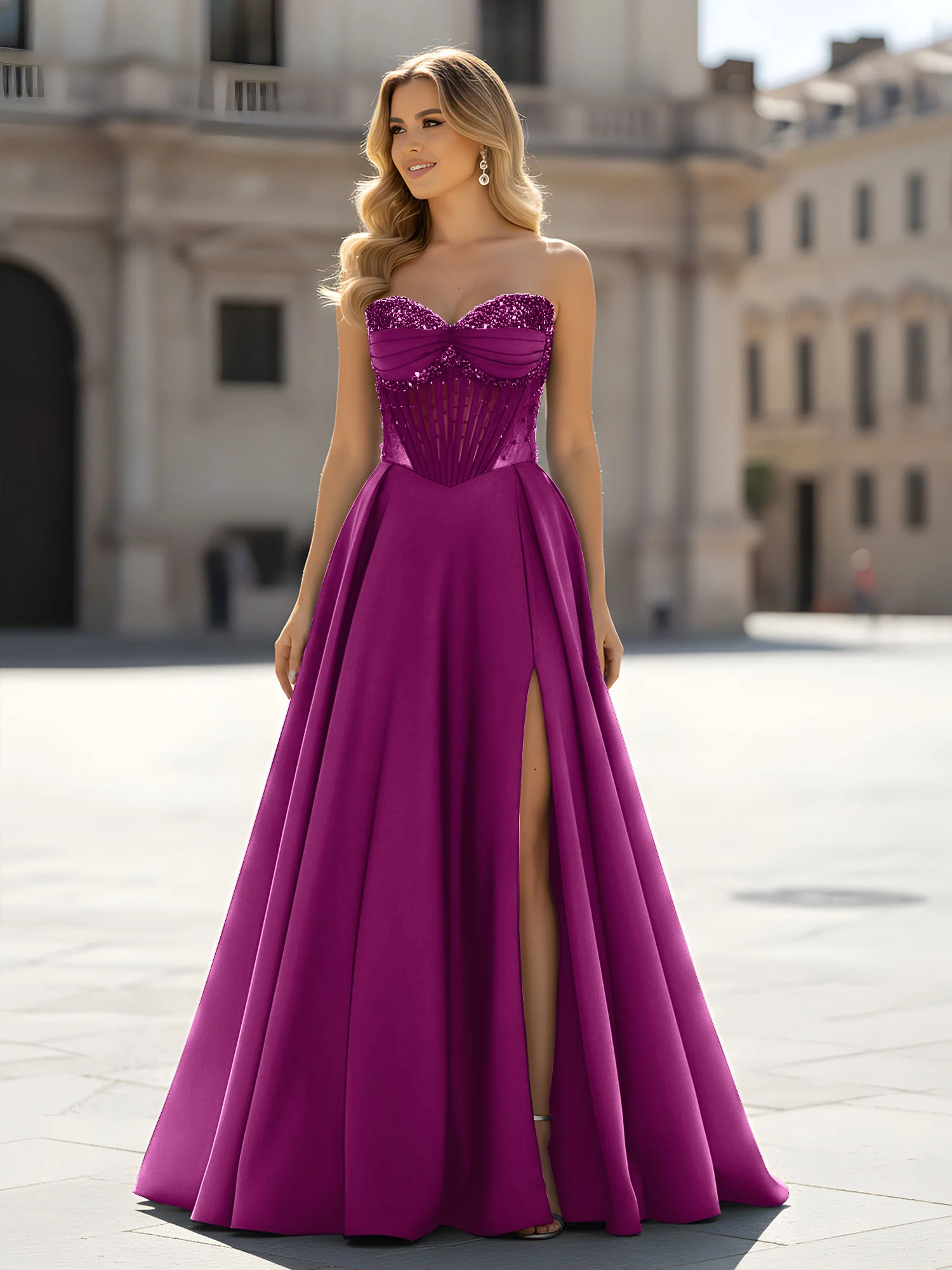 Sequin Sweetheart Bodice A-Line Gown with Slit Orchid