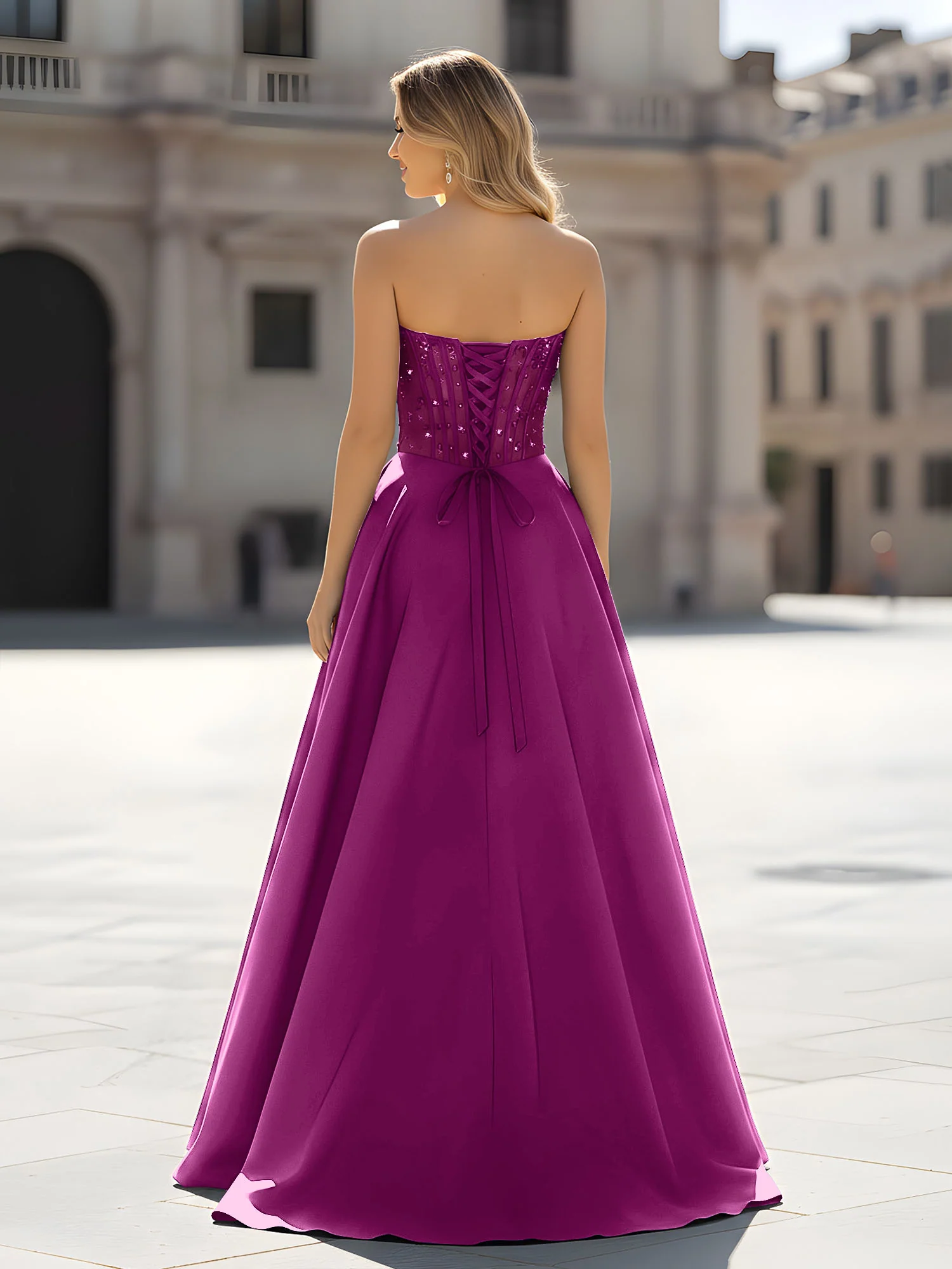 Sequin Sweetheart Bodice A-Line Gown with Slit Orchid - Image 2