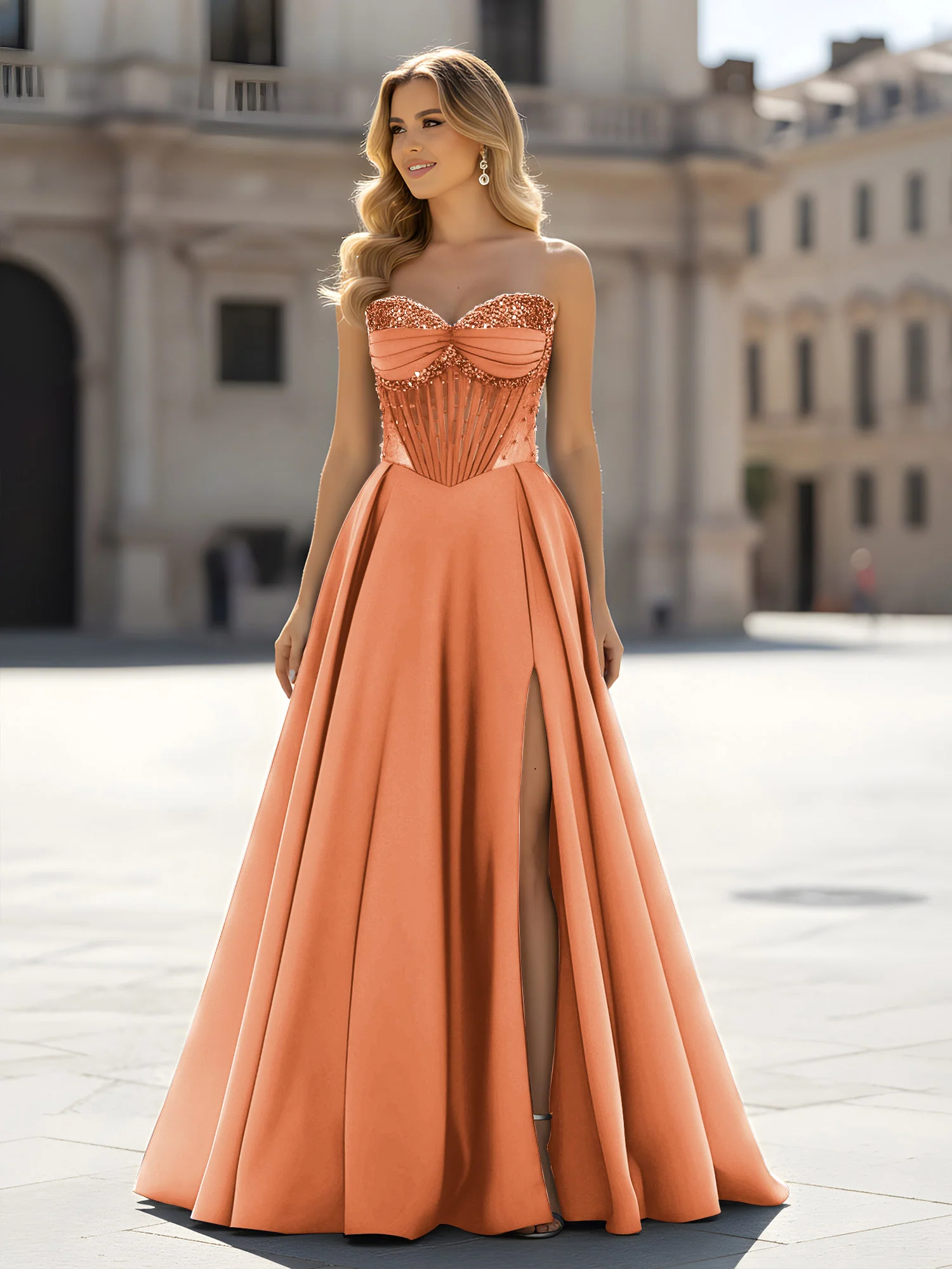 Sequin Sweetheart Bodice A-Line Gown with Slit Papaya