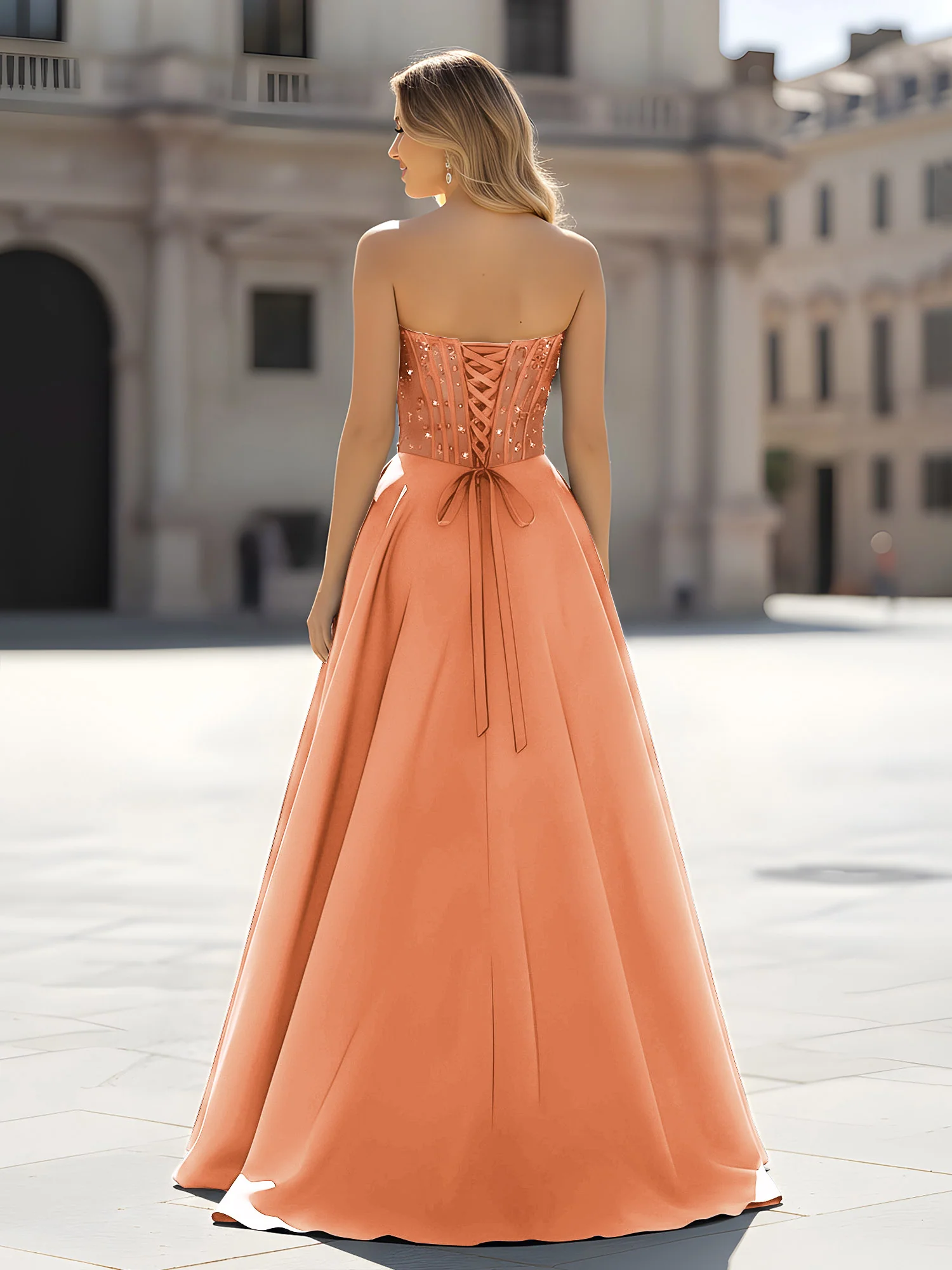 Sequin Sweetheart Bodice A-Line Gown with Slit Papaya - Image 2