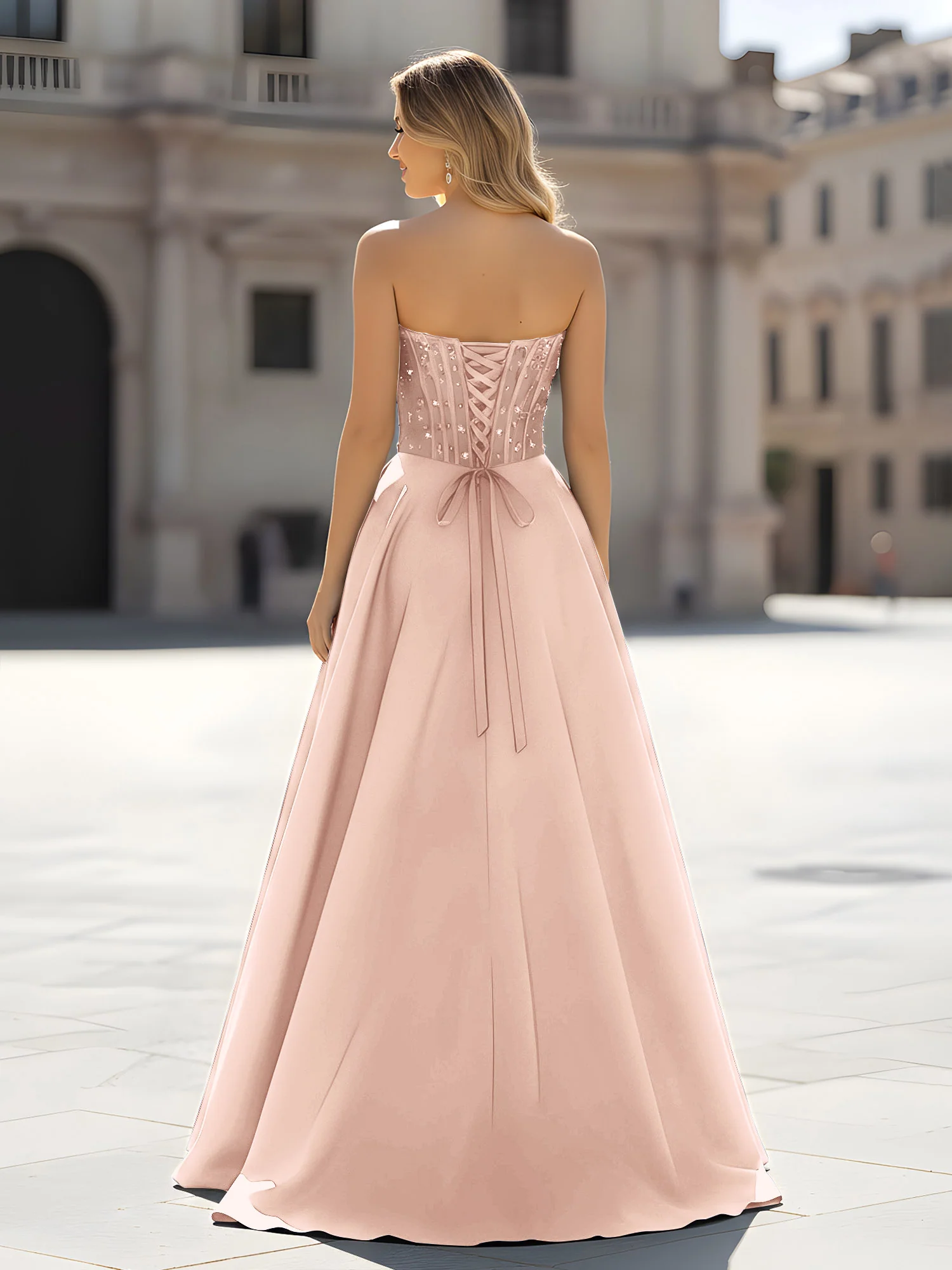 Sequin Sweetheart Bodice A-Line Gown with Slit Pearl Pink - Image 2