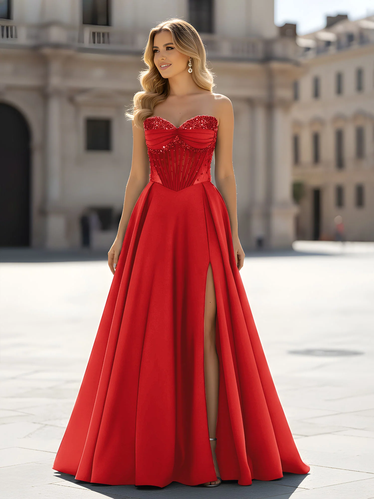 Sequin Sweetheart Bodice A-Line Gown with Slit Red