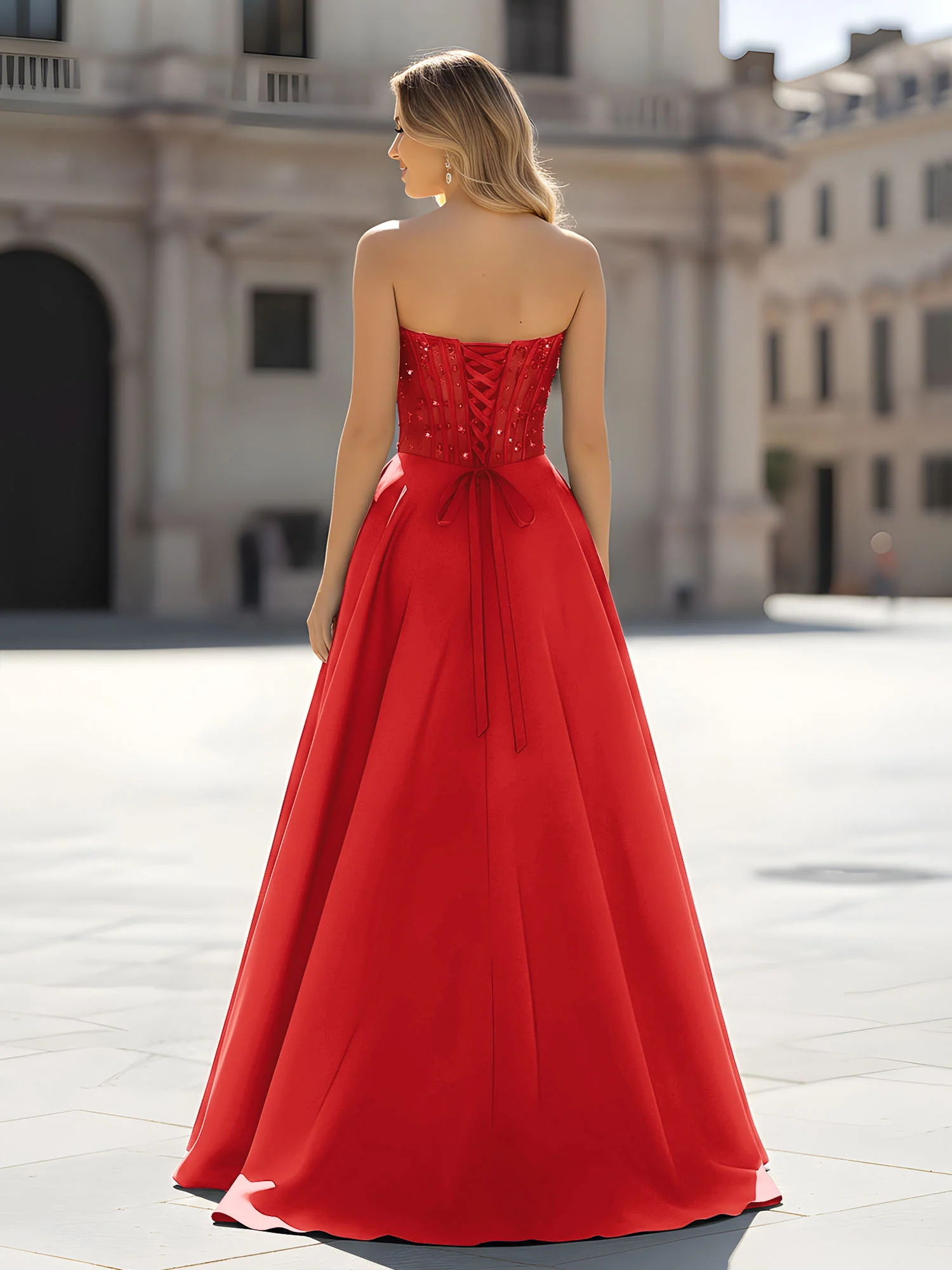 Sequin Sweetheart Bodice A-Line Gown with Slit Red - Image 2