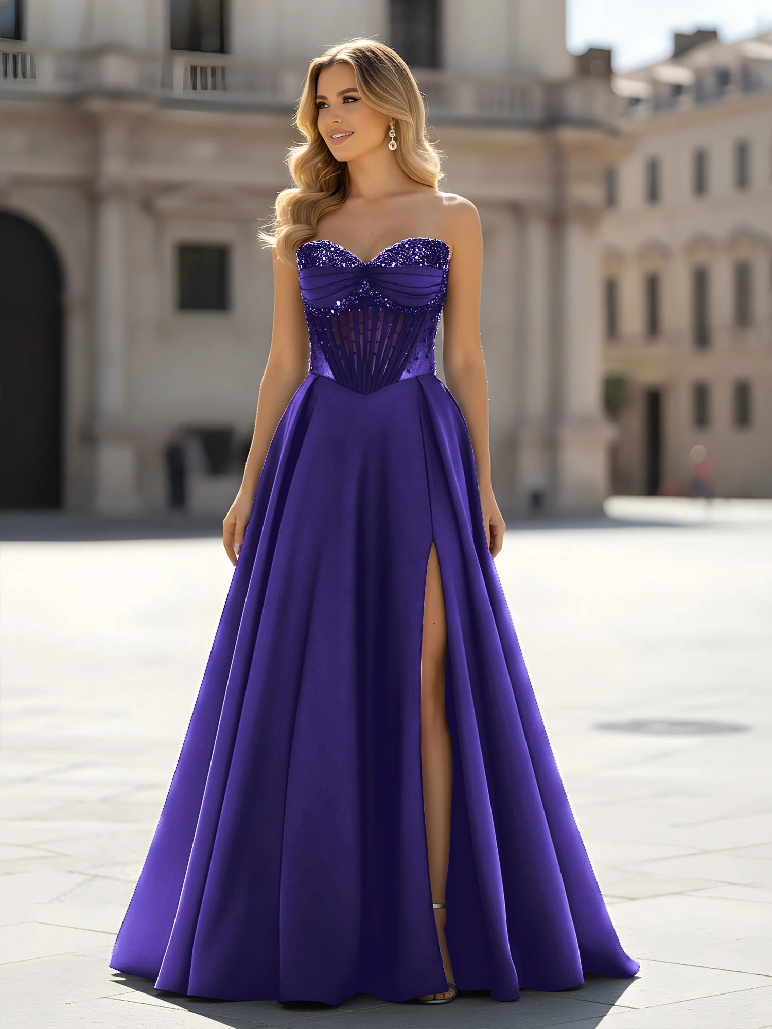 Sequin Sweetheart Bodice A-Line Gown with Slit Regency