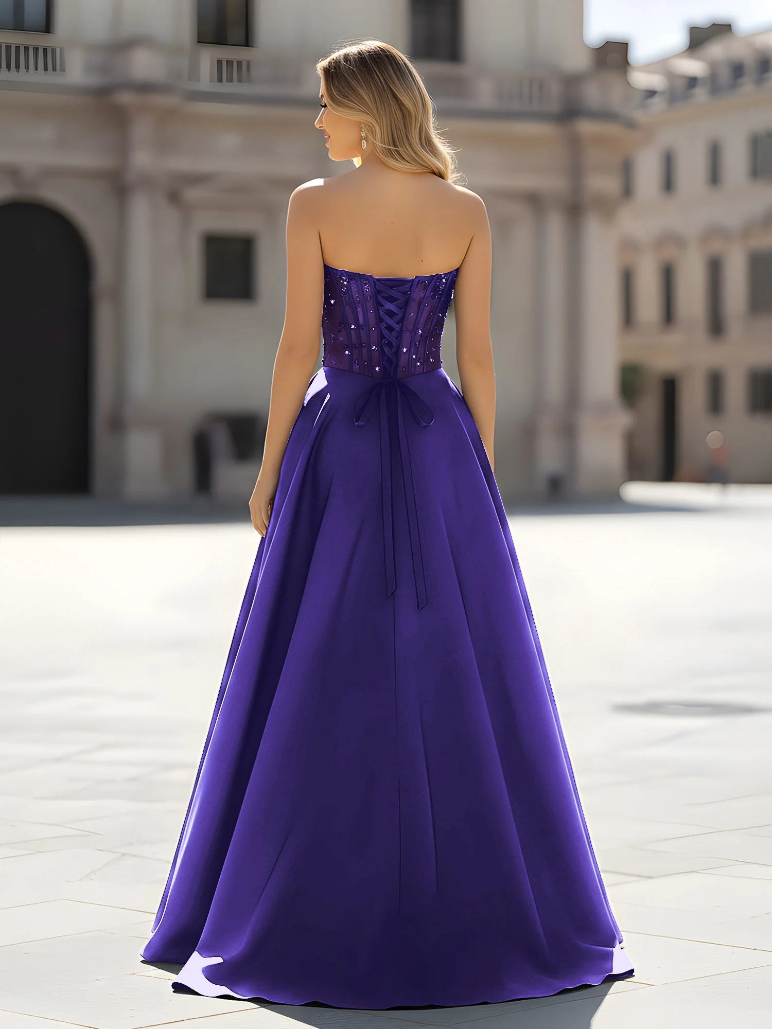 Sequin Sweetheart Bodice A-Line Gown with Slit Regency - Image 2