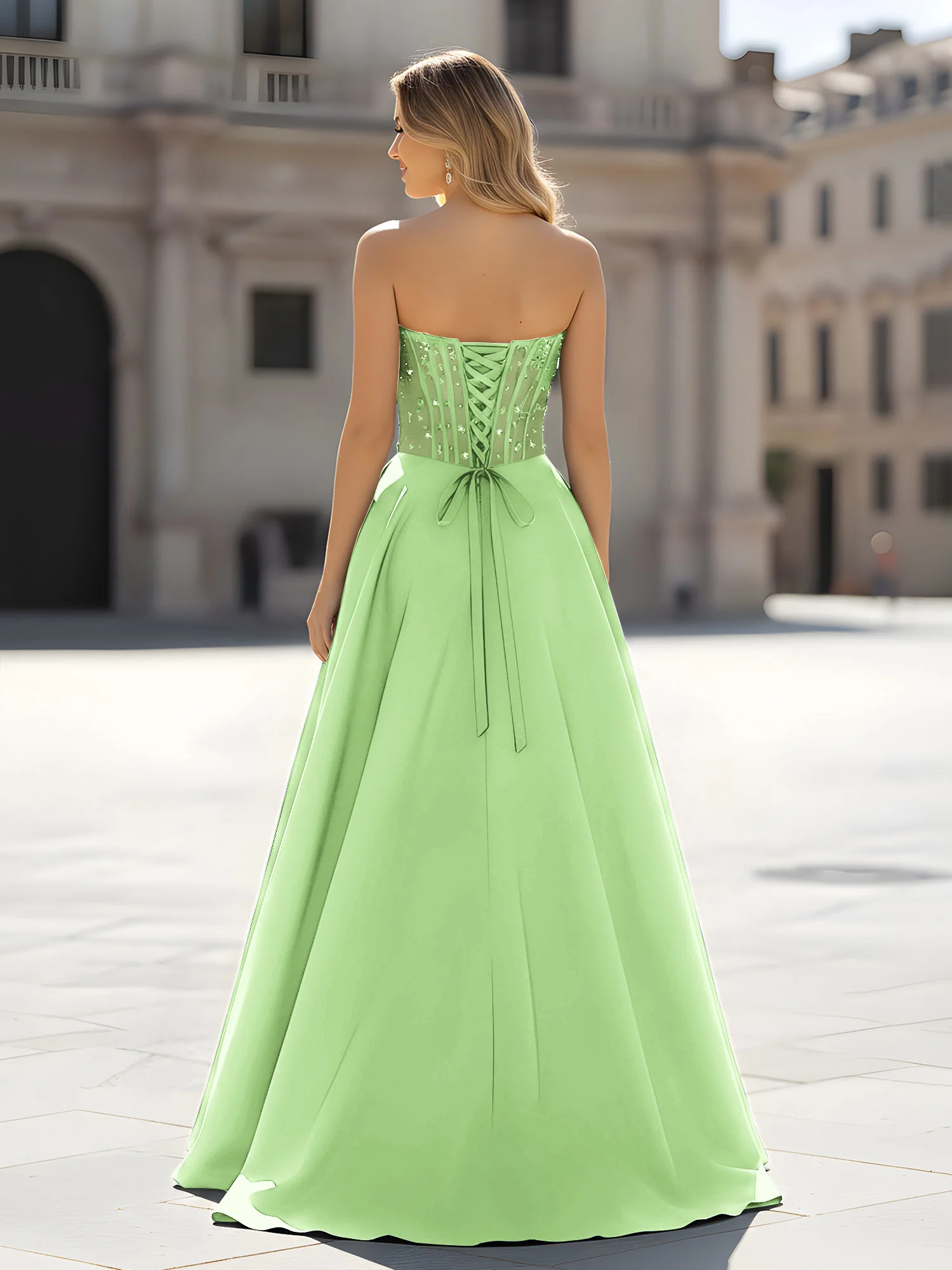 Sequin Sweetheart Bodice A-Line Gown with Slit Sage - Image 2