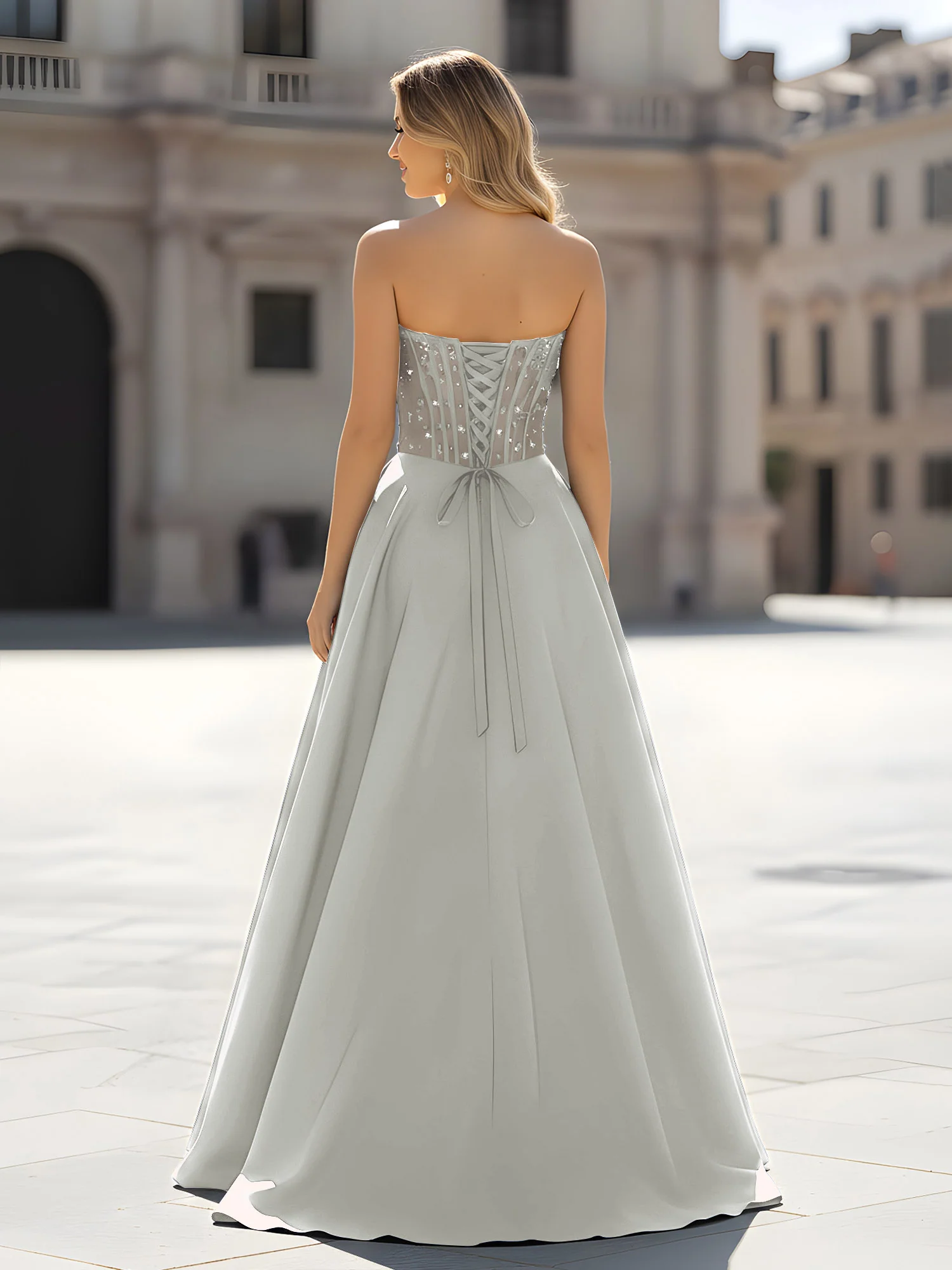 Sequin Sweetheart Bodice A-Line Gown with Slit Silver - Image 2