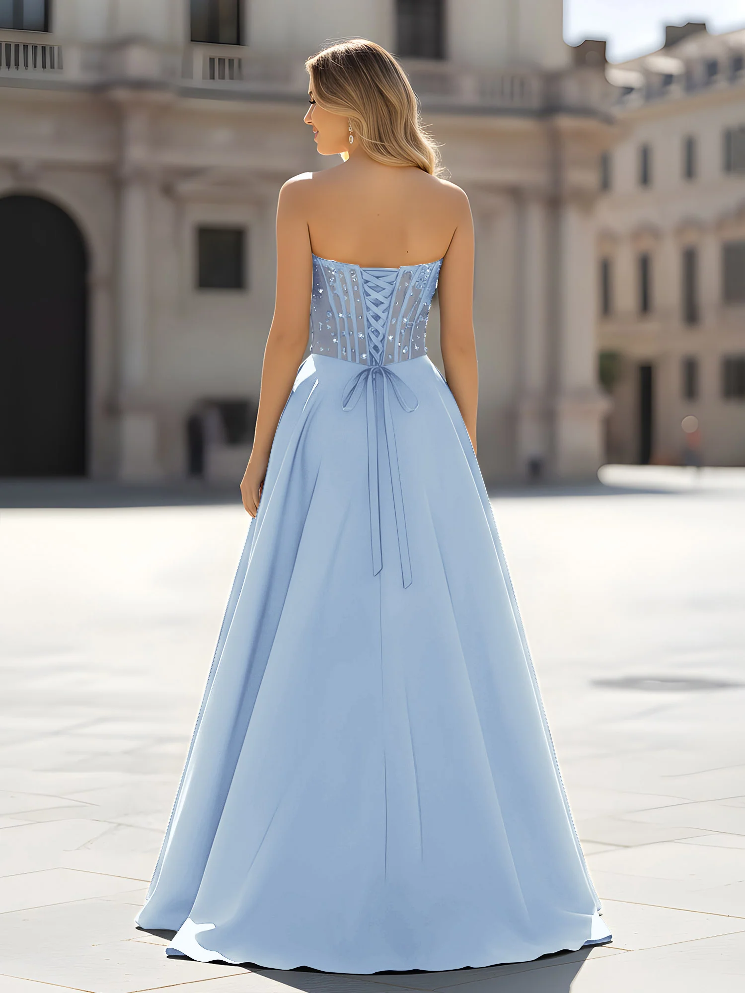 Sequin Sweetheart Bodice A-Line Gown with Slit Sky Blue - Image 2