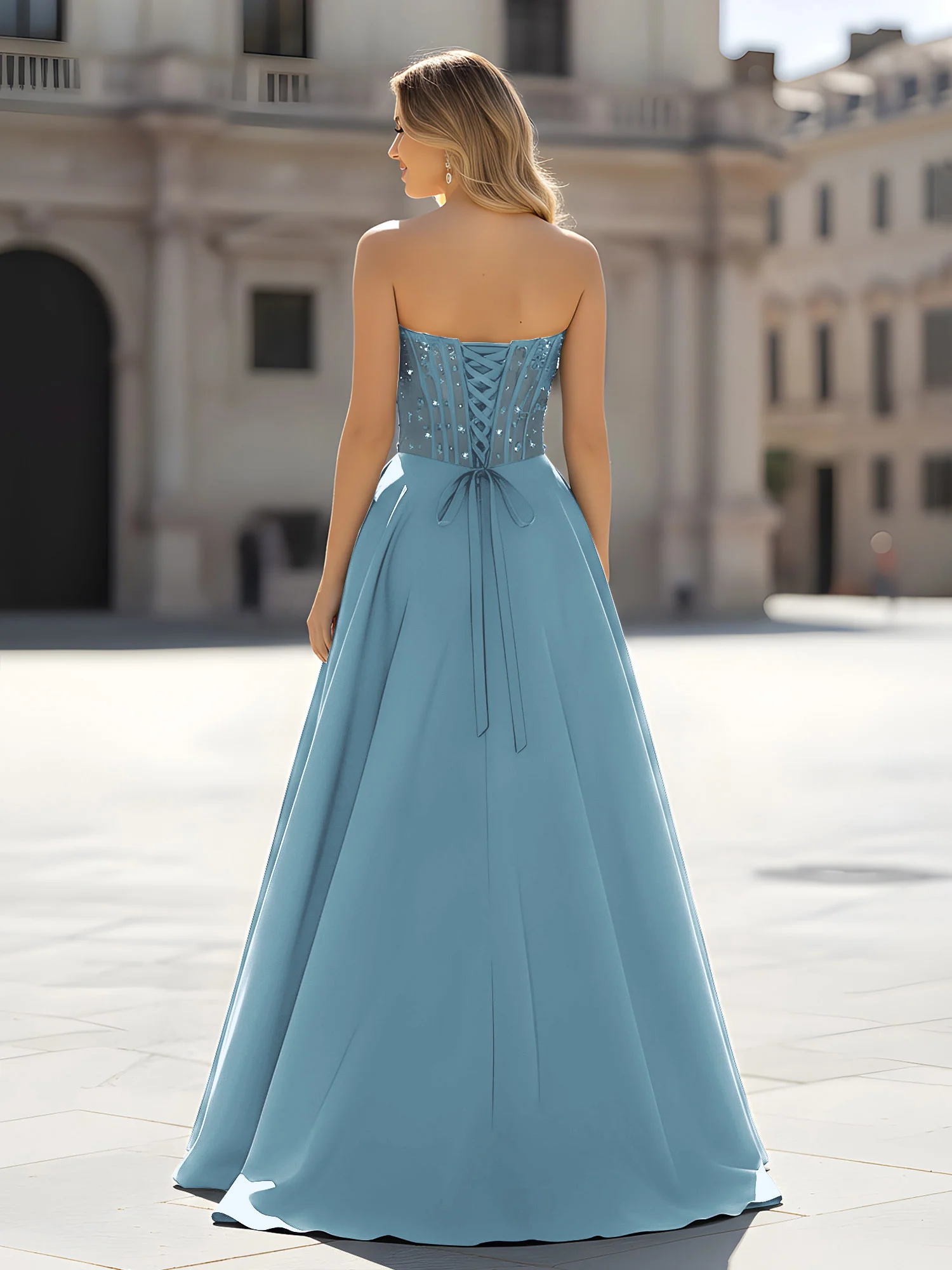 Sequin Sweetheart Bodice A-Line Gown with Slit Slate Blue - Image 2