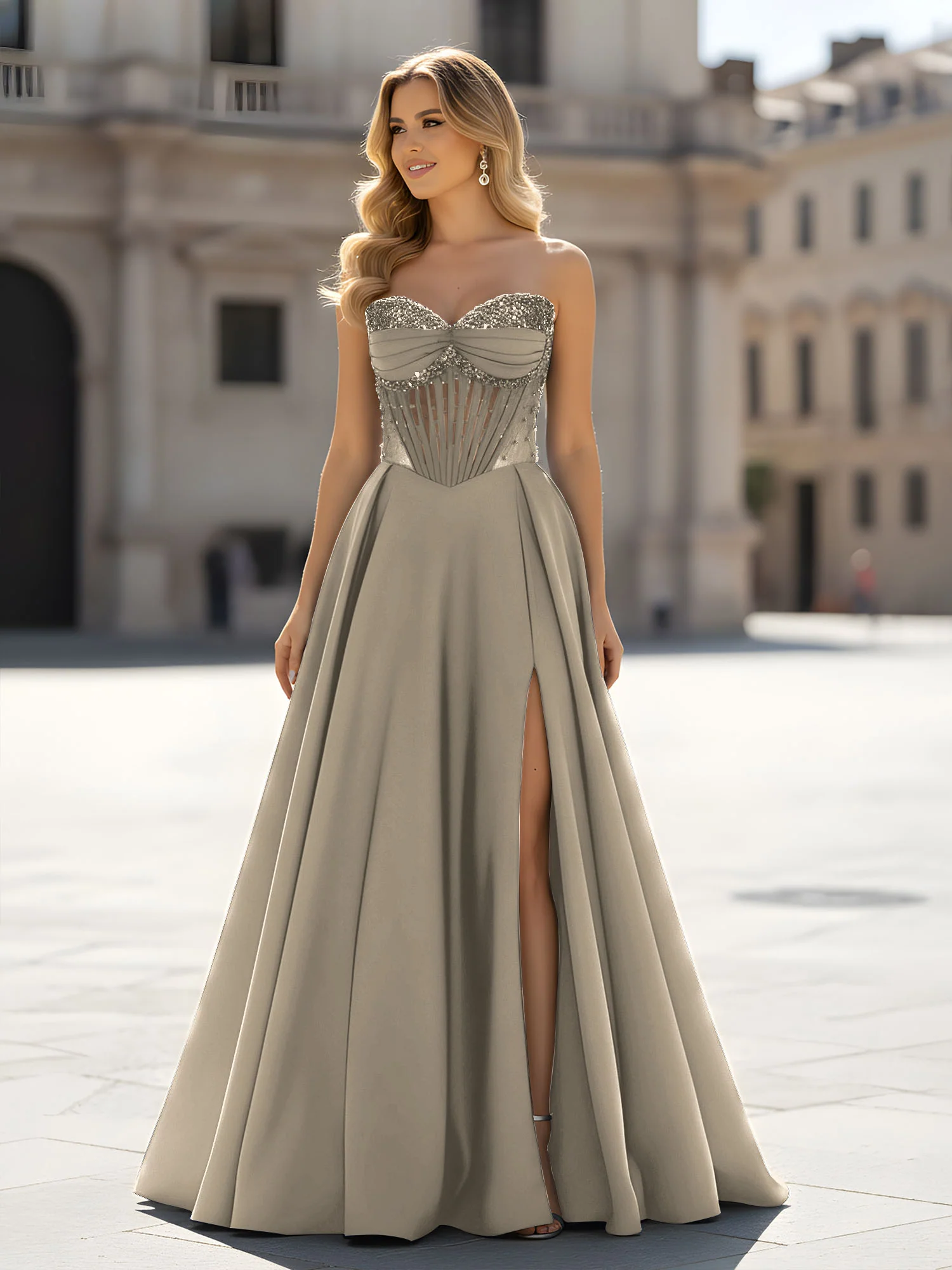 Sequin Sweetheart Bodice A-Line Gown with Slit Taupe