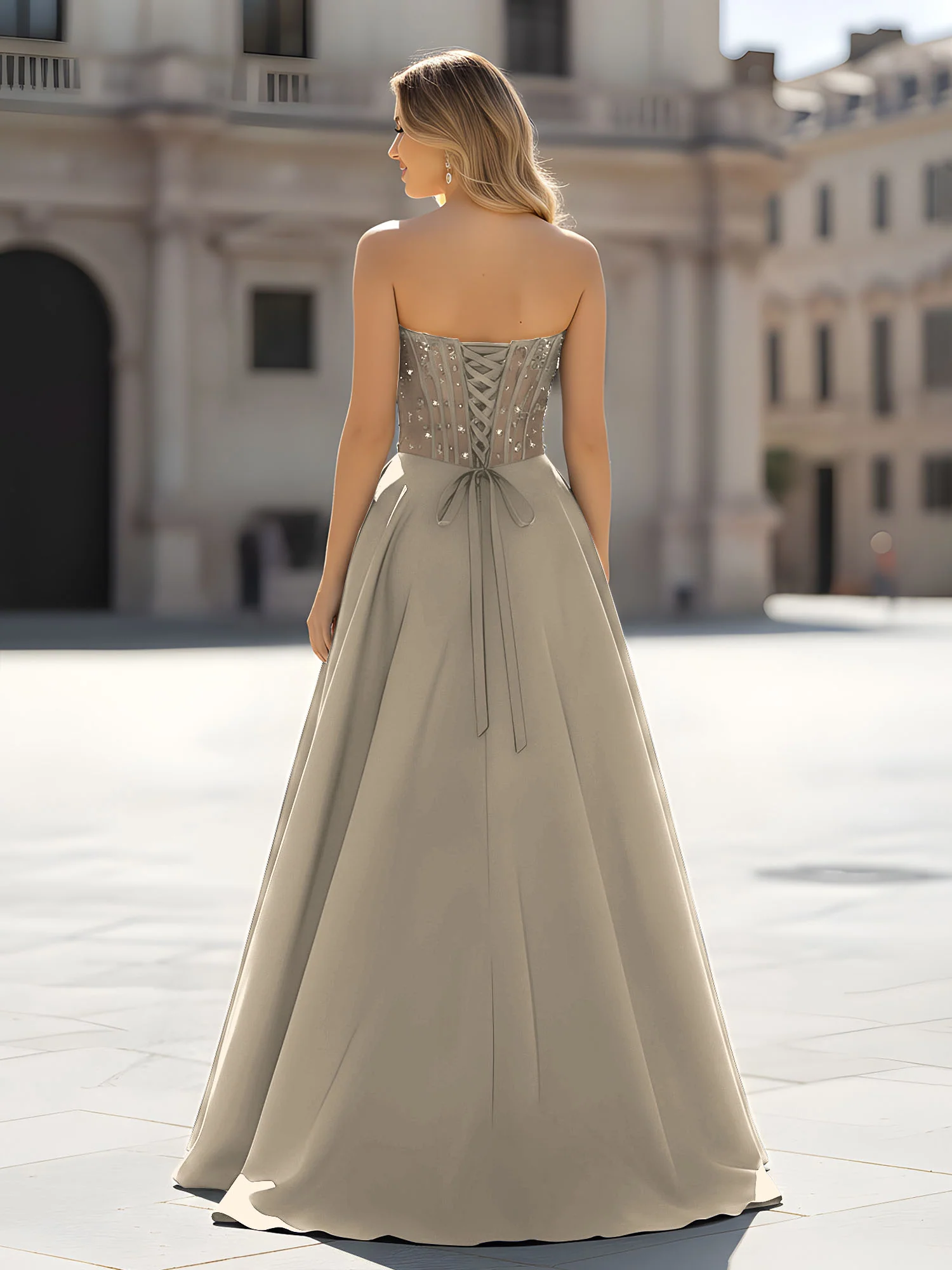 Sequin Sweetheart Bodice A-Line Gown with Slit Taupe - Image 2