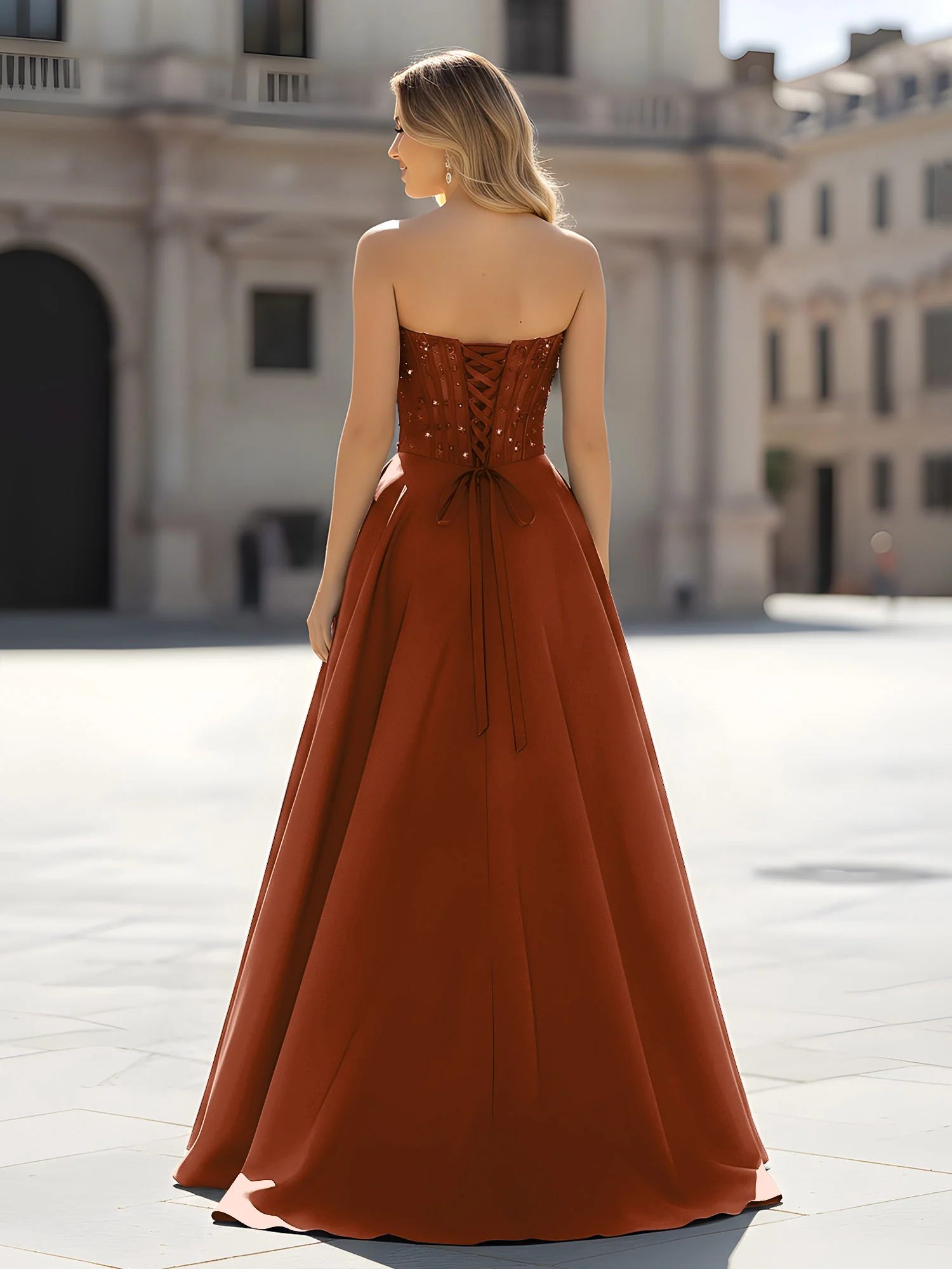 Sequin Sweetheart Bodice A-Line Gown with Slit Terracotta - Image 2