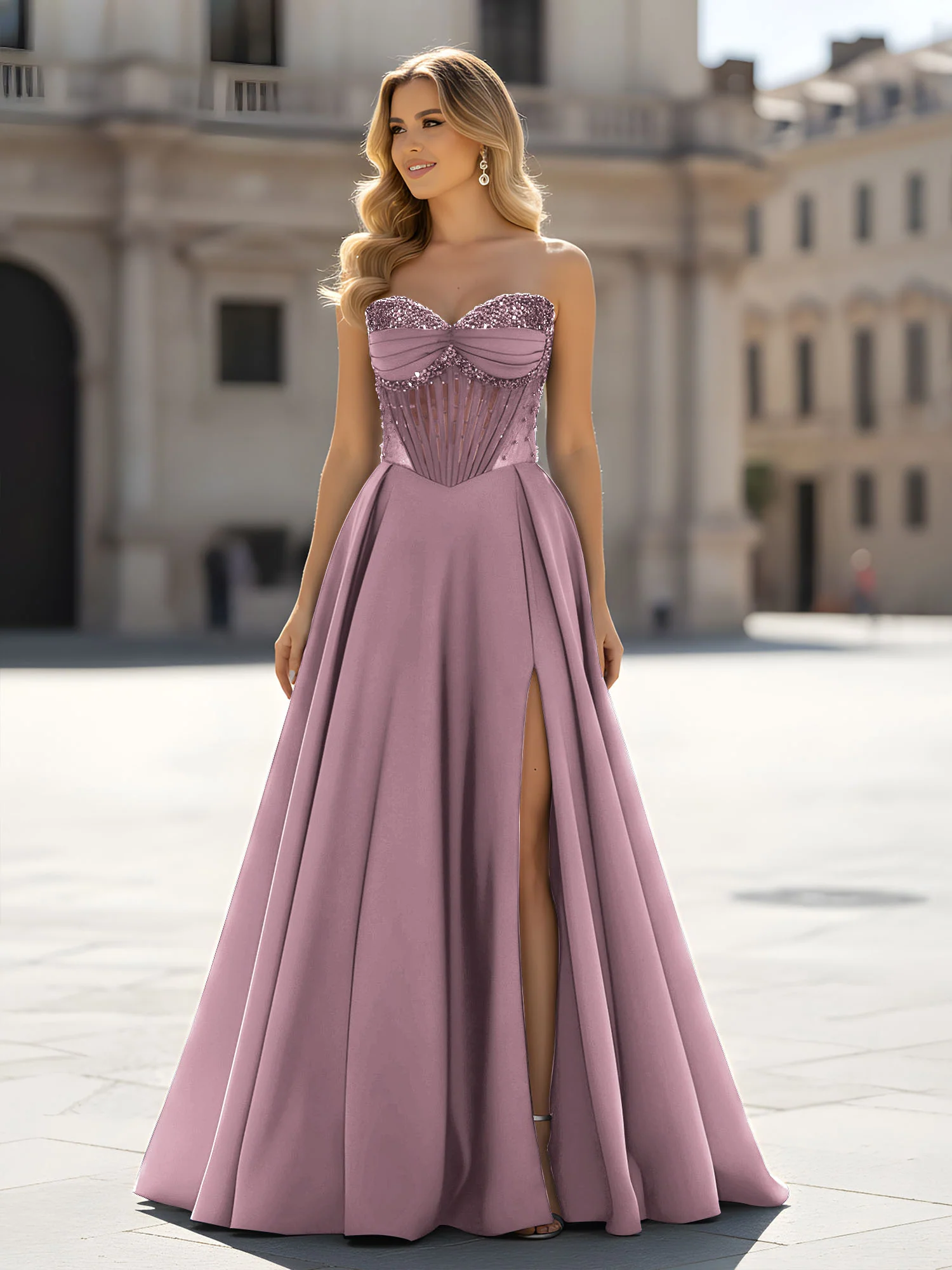 Sequin Sweetheart Bodice A-Line Gown with Slit Vintage Mauve