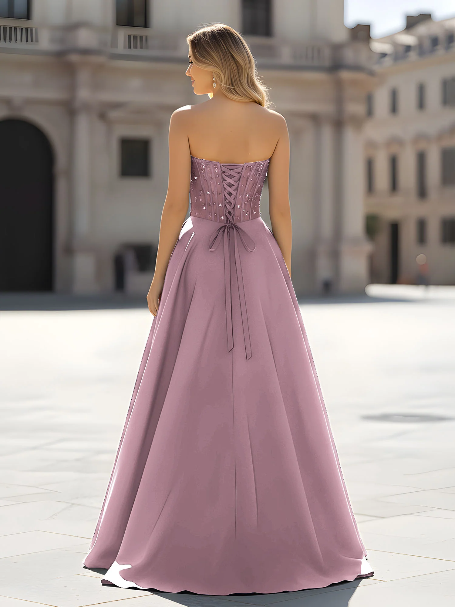 Sequin Sweetheart Bodice A-Line Gown with Slit Vintage Mauve - Image 2