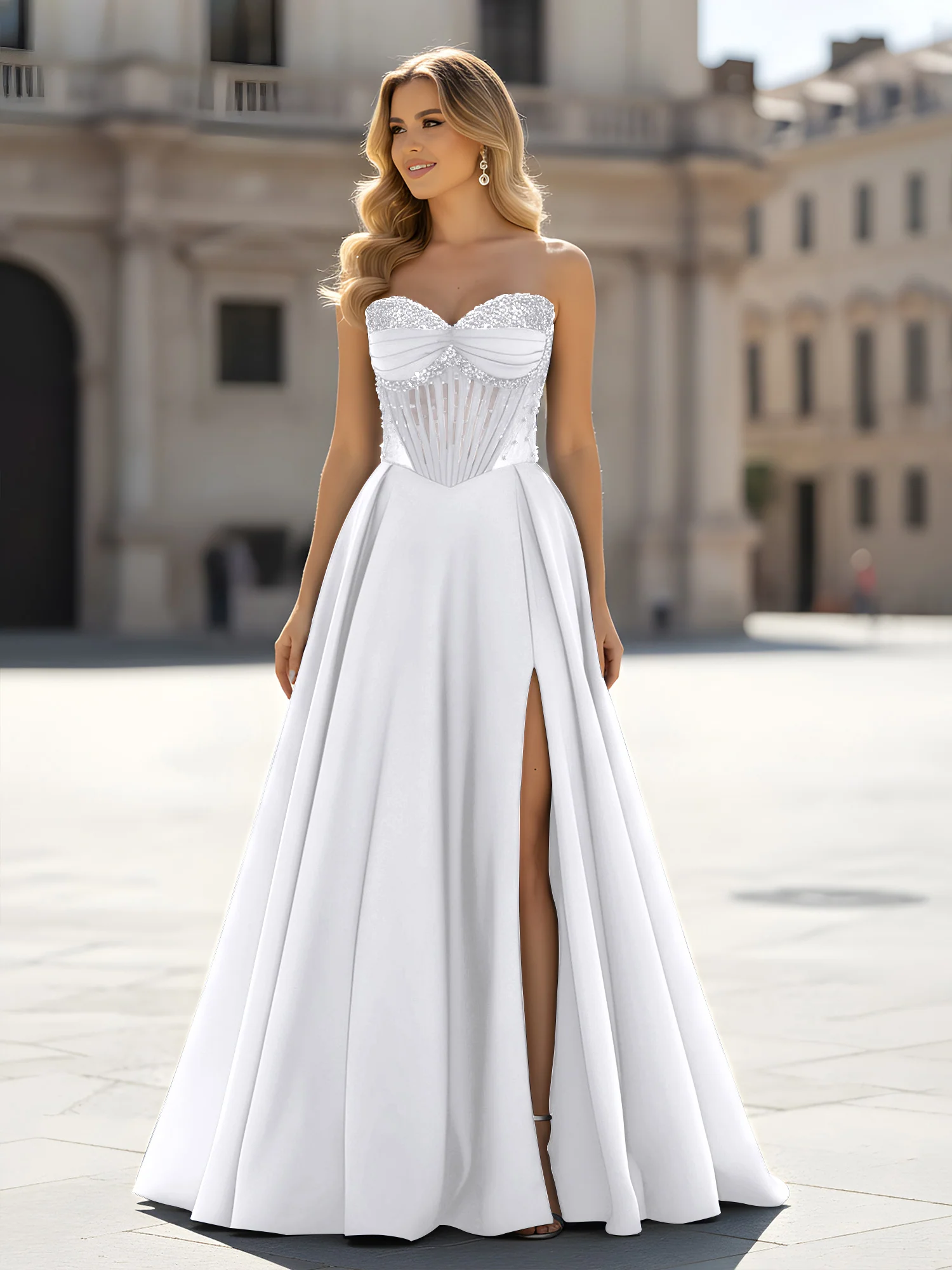 Sequin Sweetheart Bodice A-Line Gown with Slit White