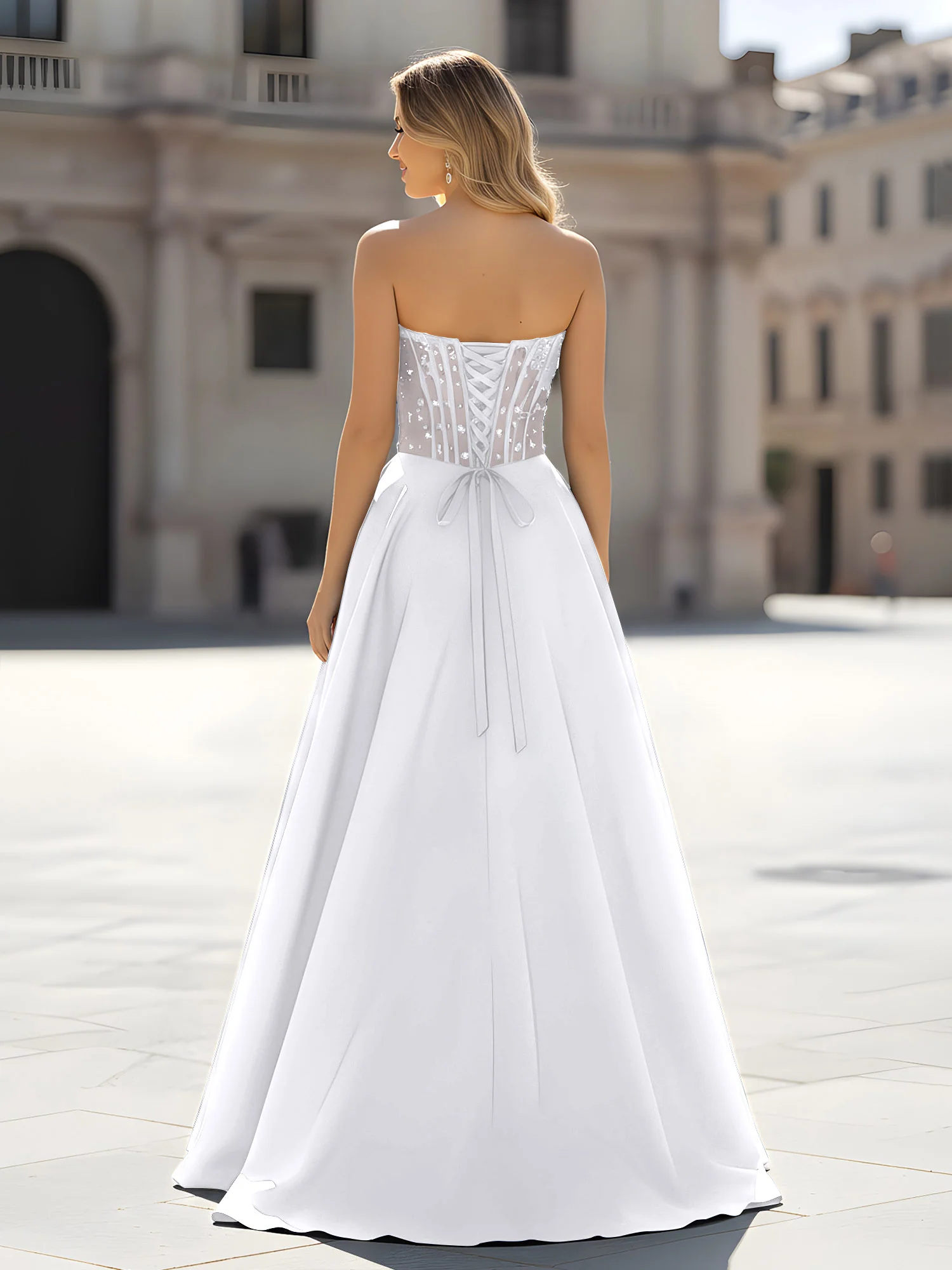 Sequin Sweetheart Bodice A-Line Gown with Slit White - Image 2