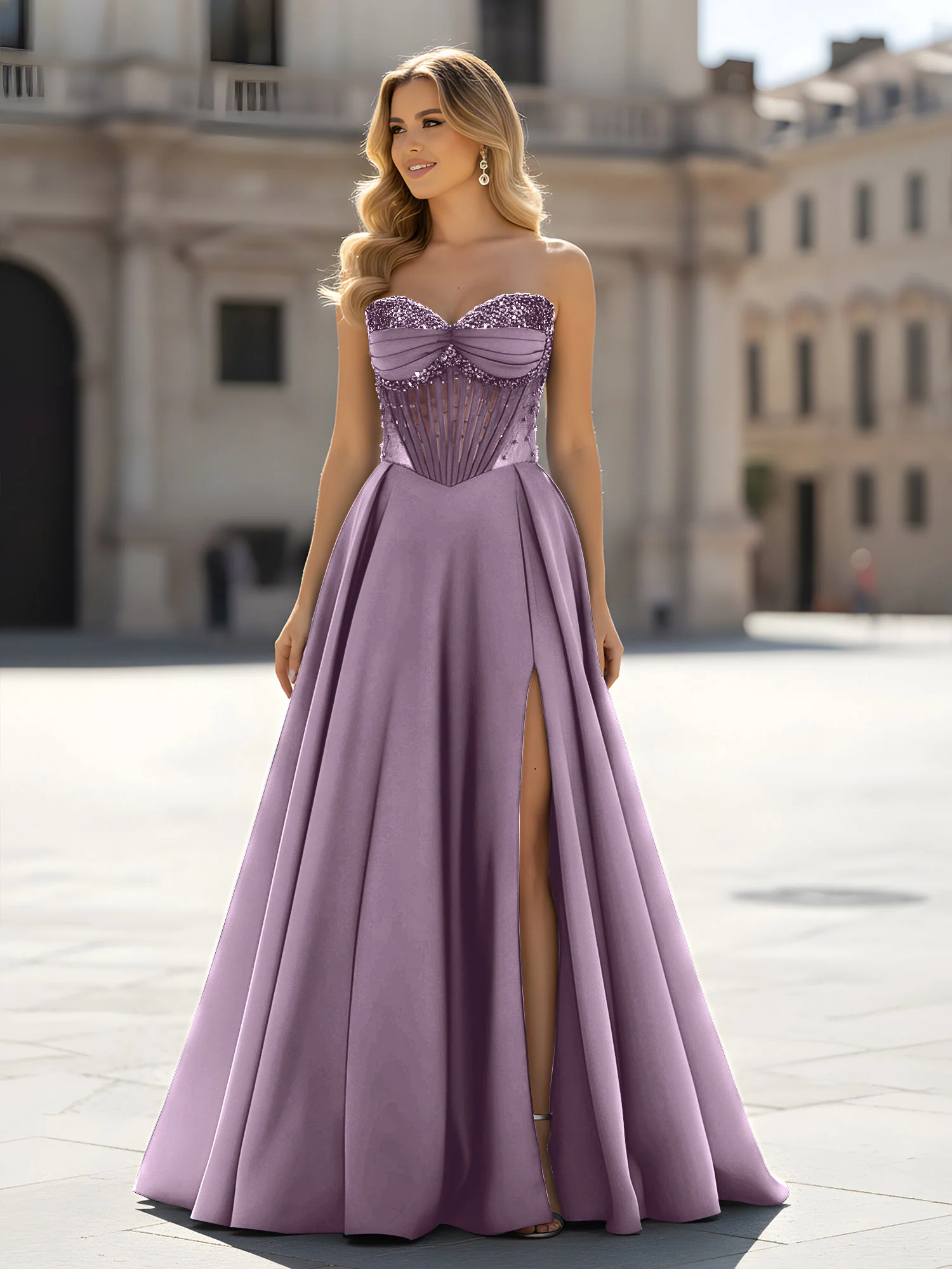 Sequin Sweetheart Bodice A-Line Gown with Slit Wisteria