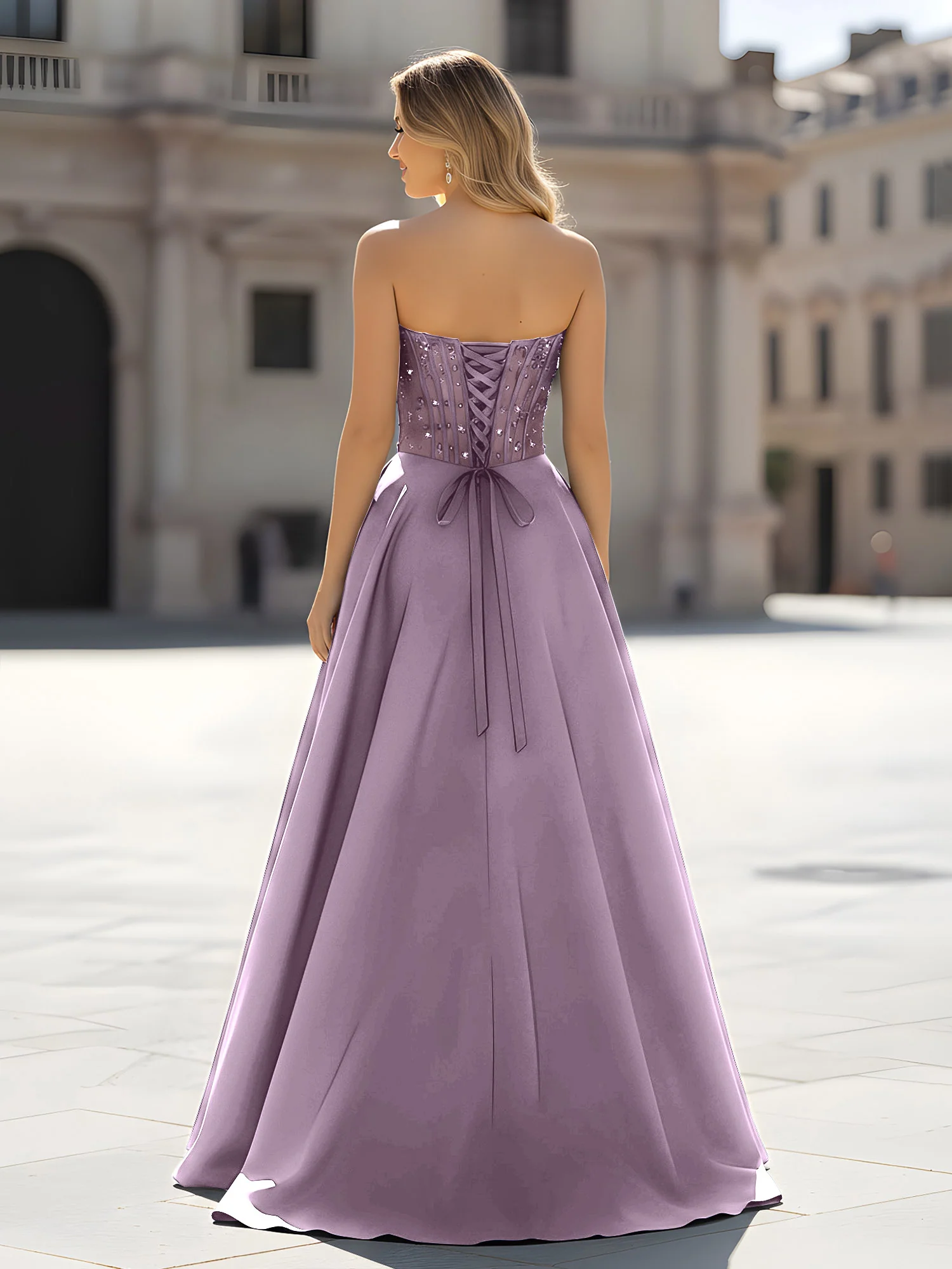 Sequin Sweetheart Bodice A-Line Gown with Slit Wisteria - Image 2
