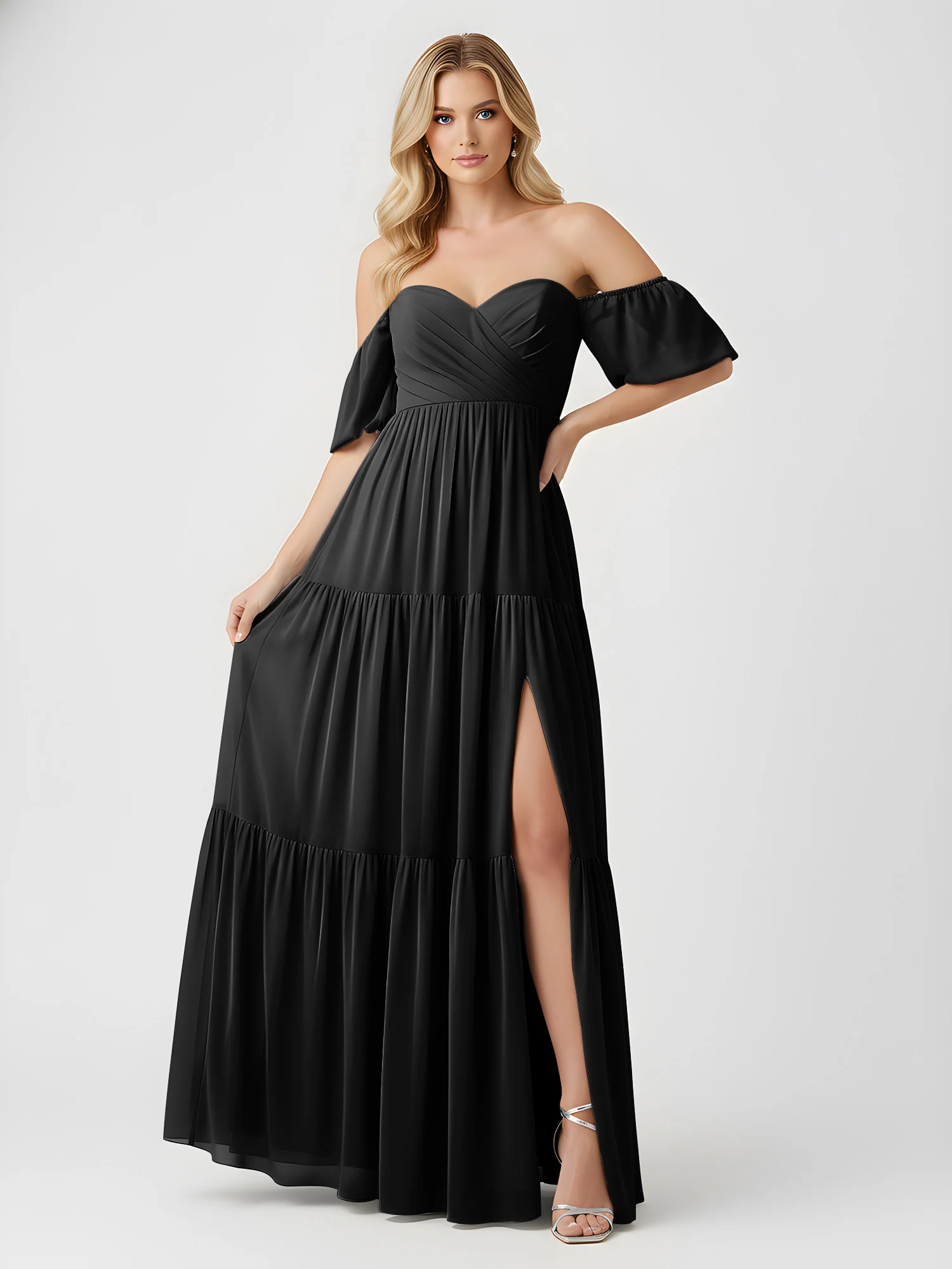 Off-Shoulder Tiered Chiffon Maxi Dress with Slit Black - Image 3