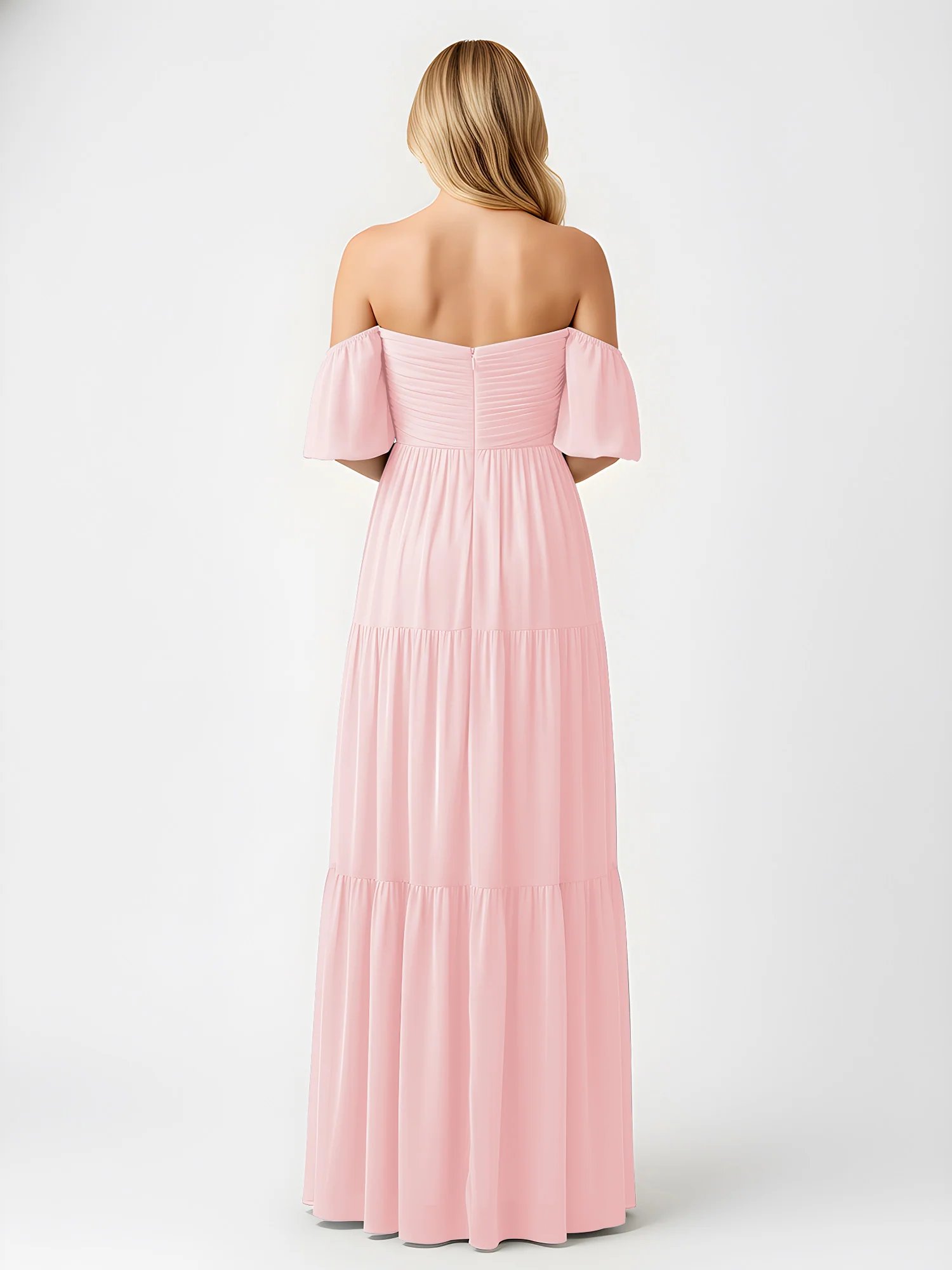 Off-Shoulder Tiered Chiffon Maxi Dress with Slit Blushing Pink - Image 2