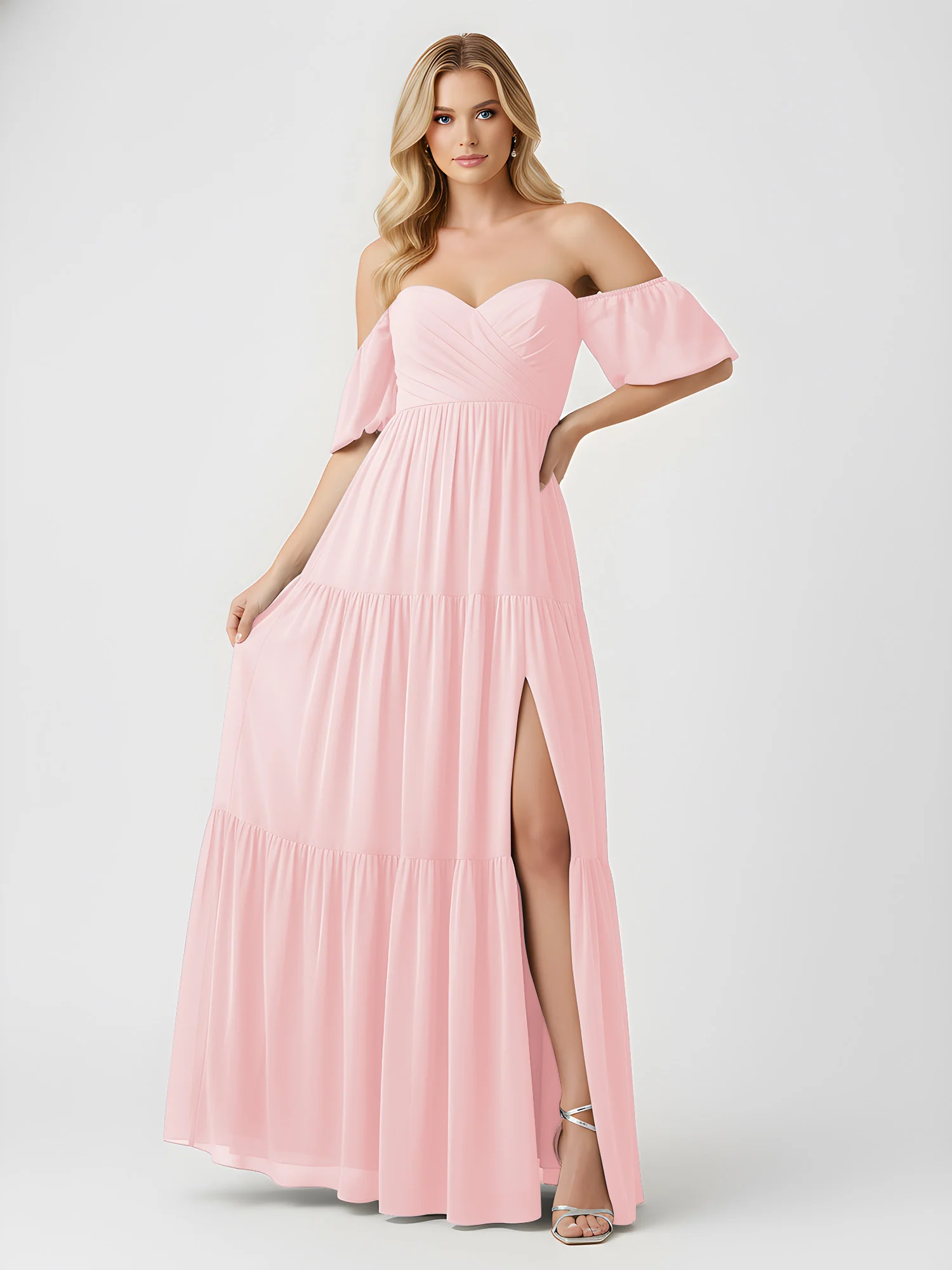 Off-Shoulder Tiered Chiffon Maxi Dress with Slit Blushing Pink - Image 3