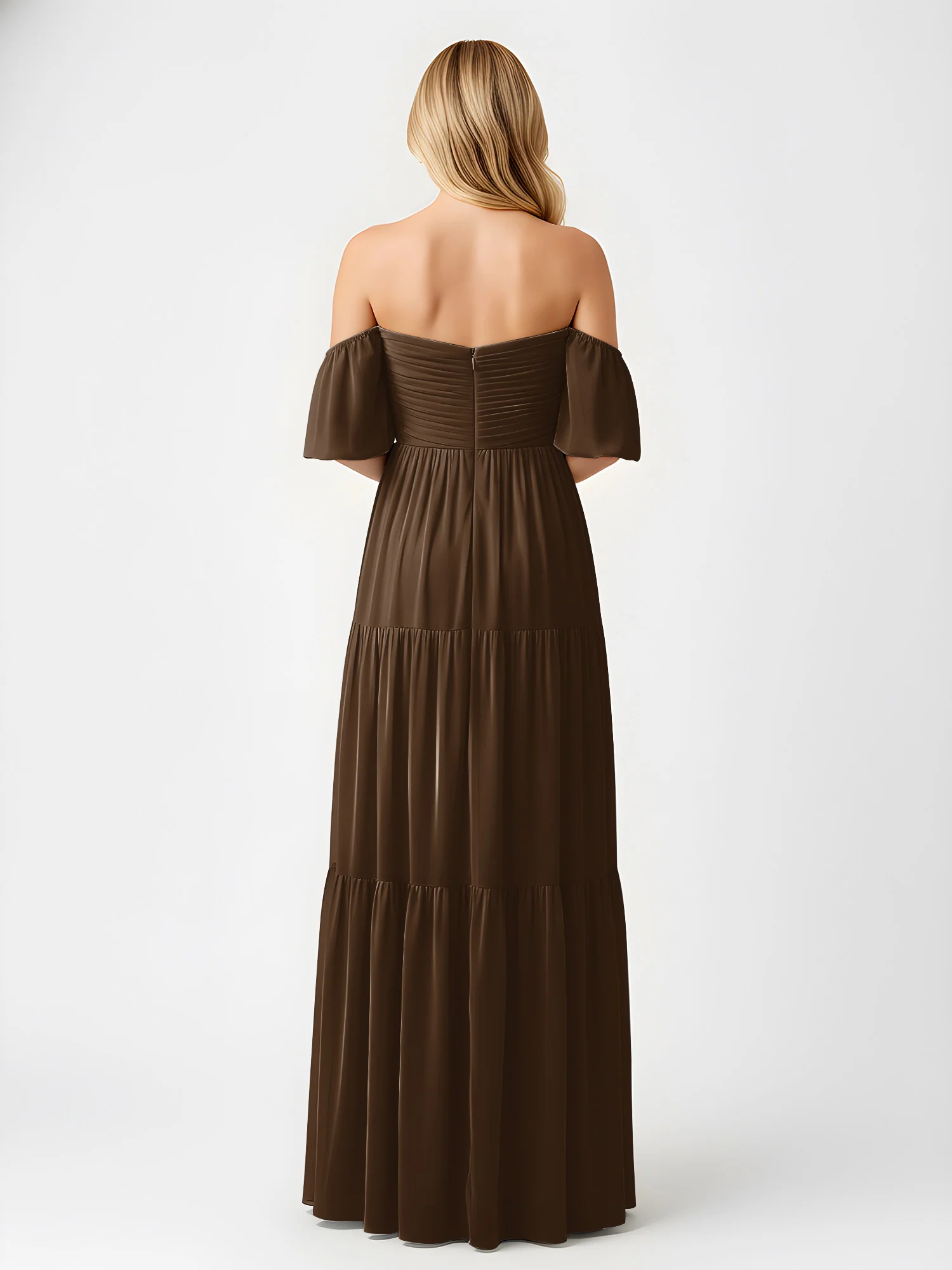 Off-Shoulder Tiered Chiffon Maxi Dress with Slit Brown - Image 2