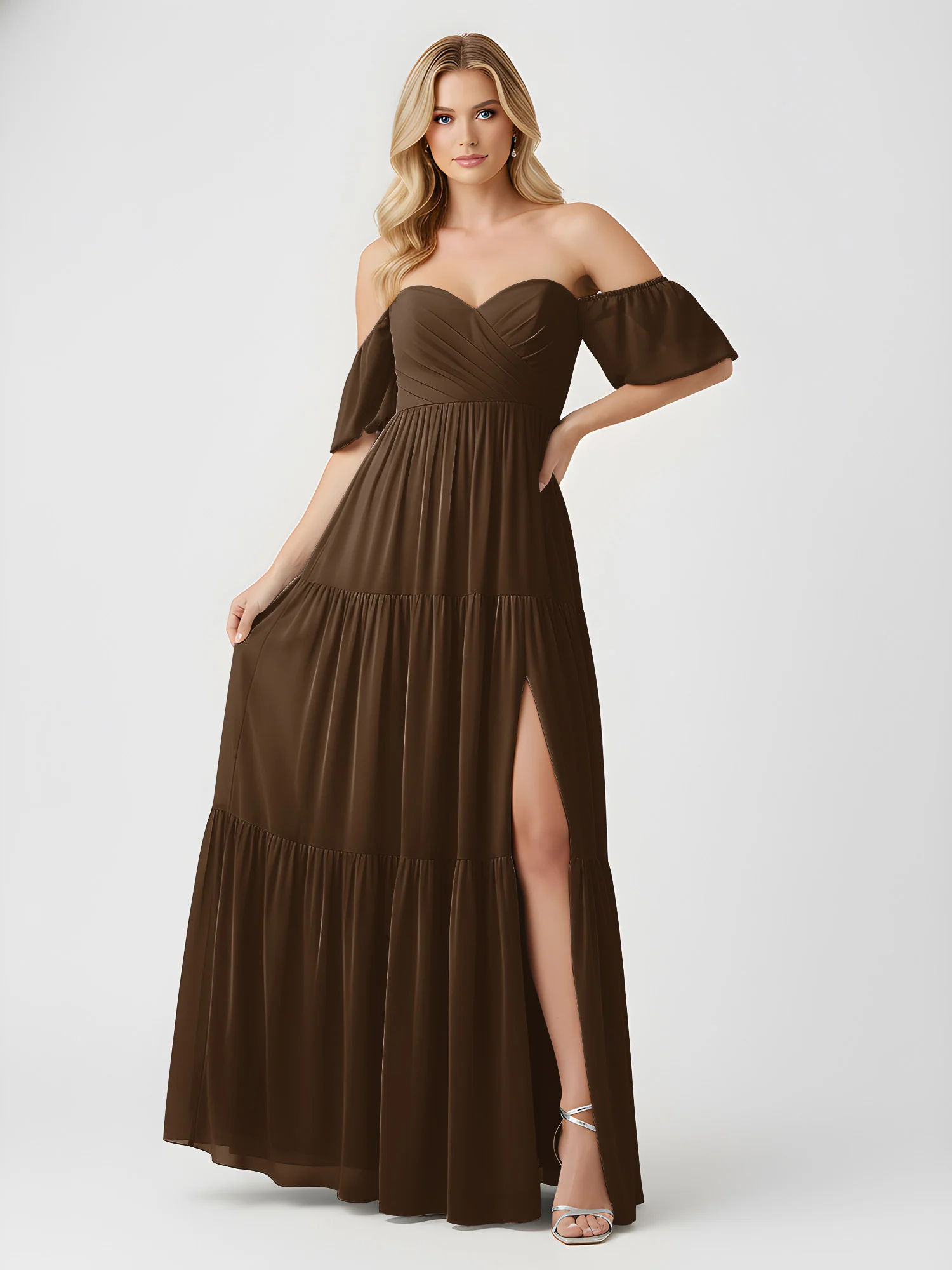 Off-Shoulder Tiered Chiffon Maxi Dress with Slit Brown - Image 3
