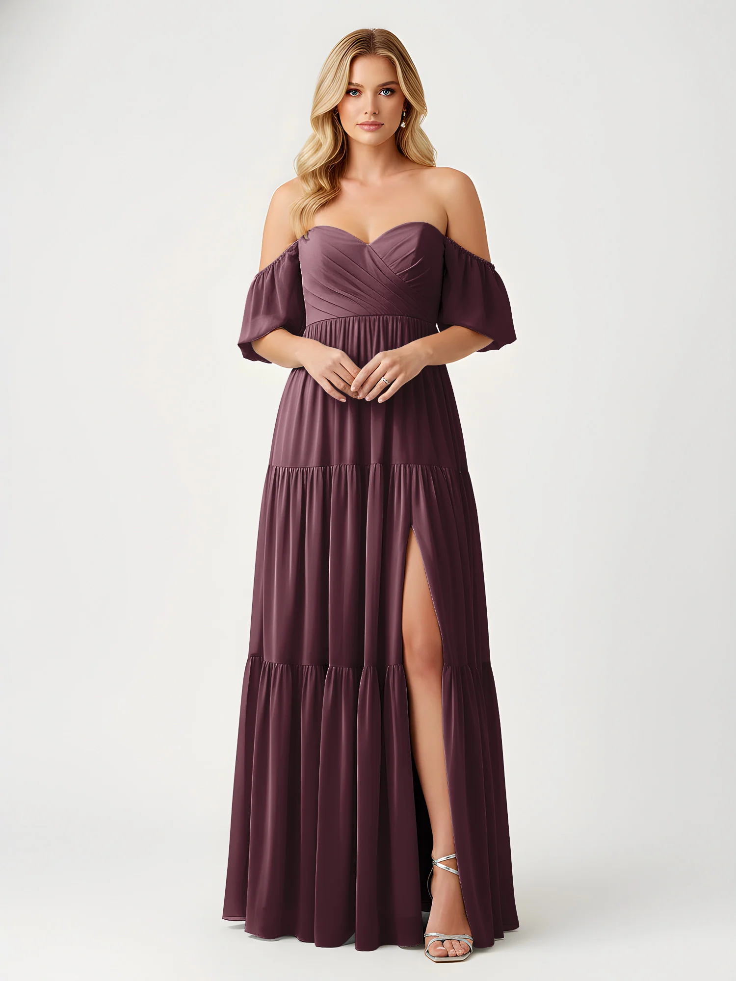 Off-Shoulder Tiered Chiffon Maxi Dress with Slit Cabernet