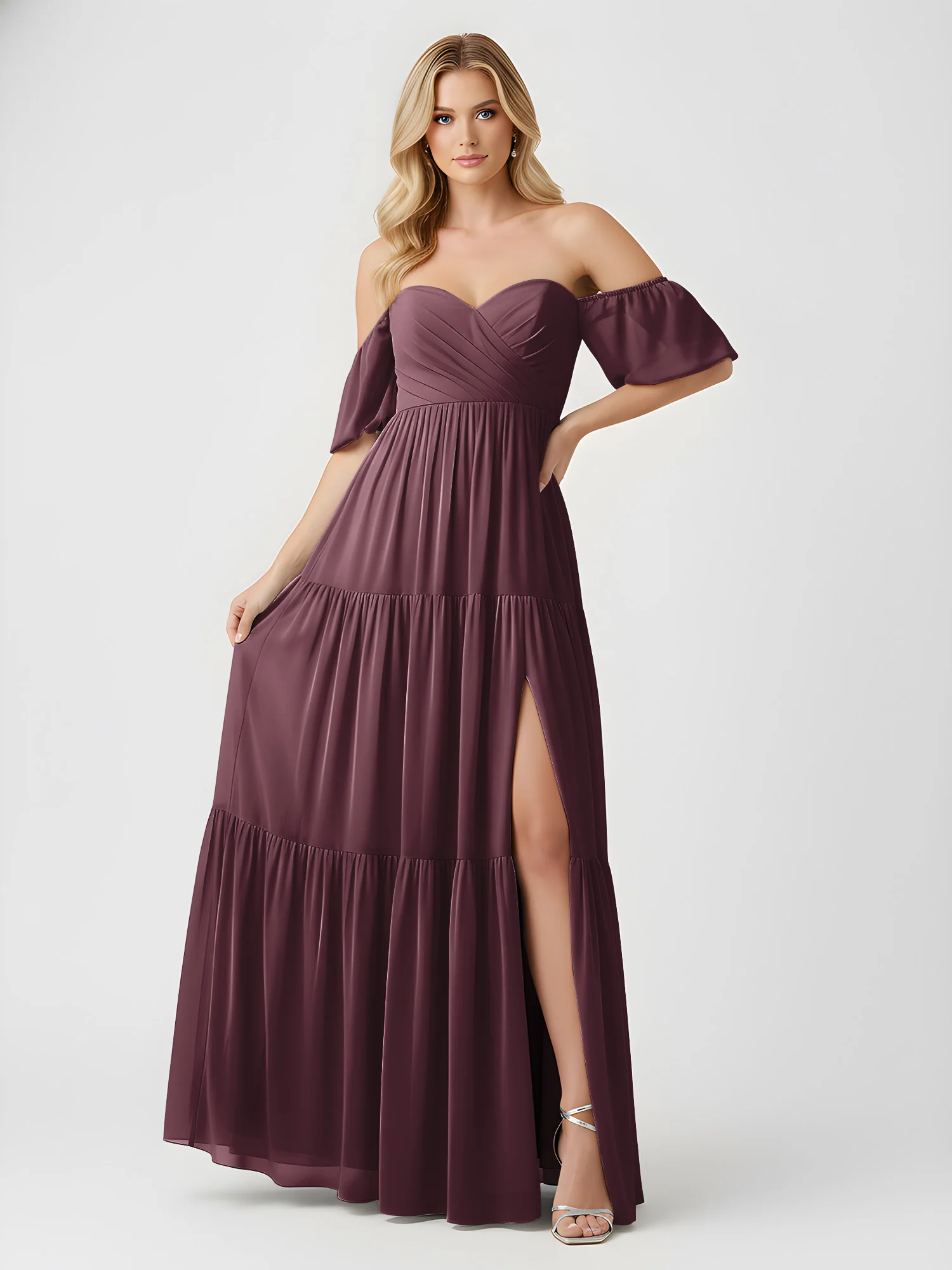 Off-Shoulder Tiered Chiffon Maxi Dress with Slit Cabernet - Image 3