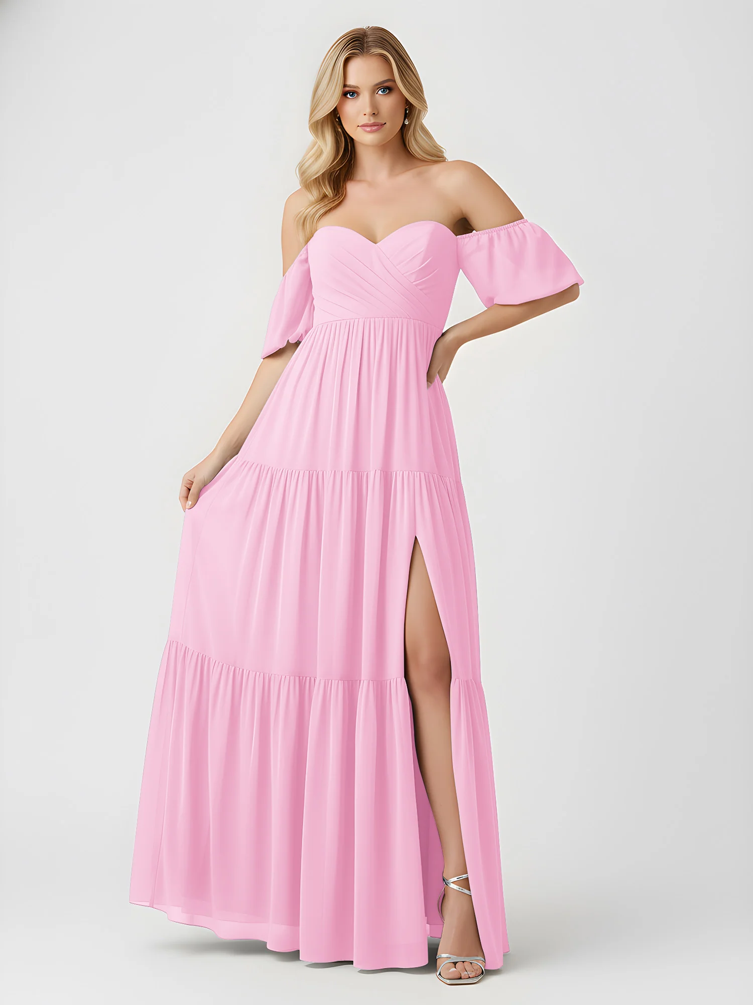 Off-Shoulder Tiered Chiffon Maxi Dress with Slit Candy Pink - Image 3