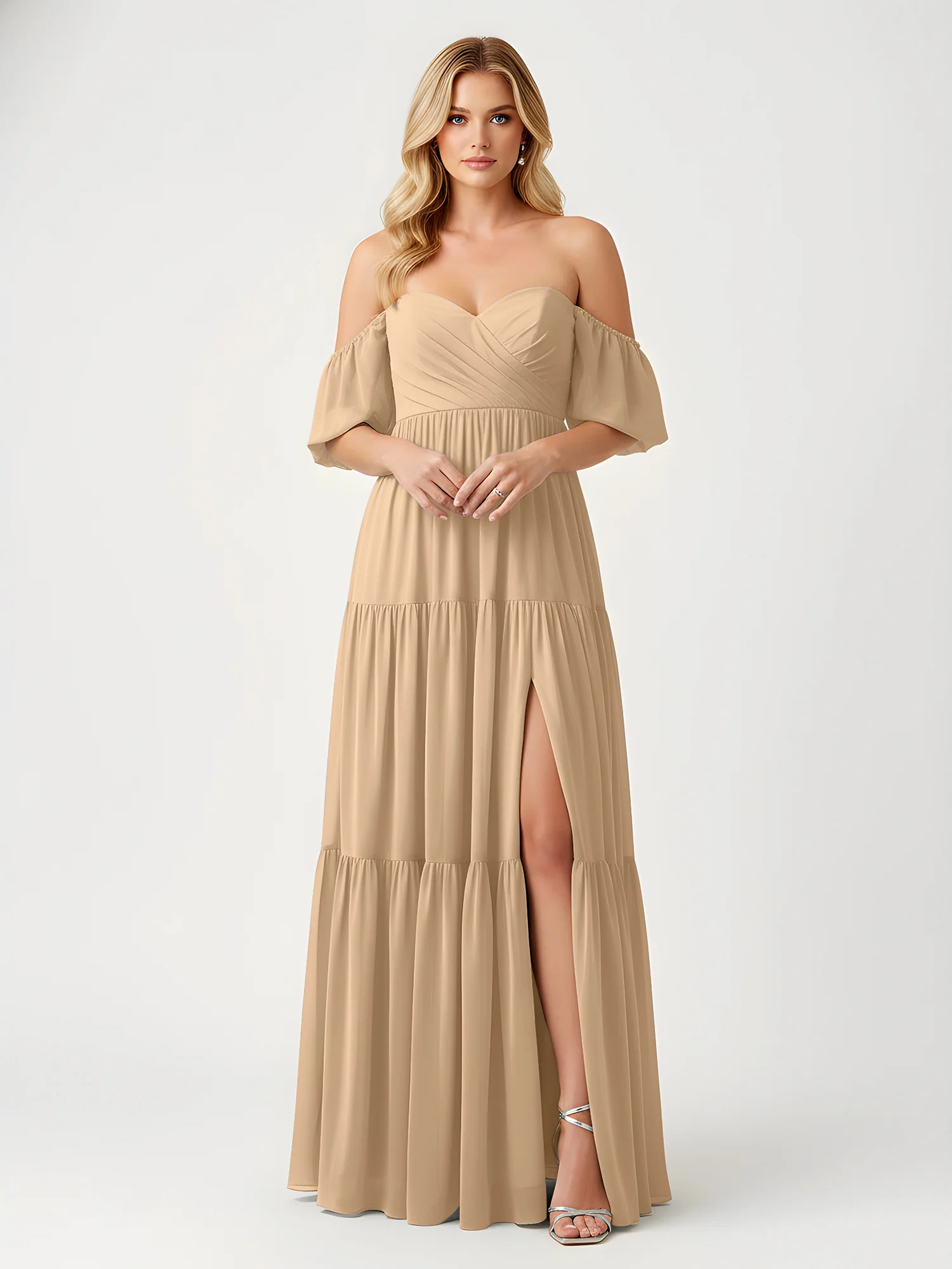 Off-Shoulder Tiered Chiffon Maxi Dress with Slit Champagne