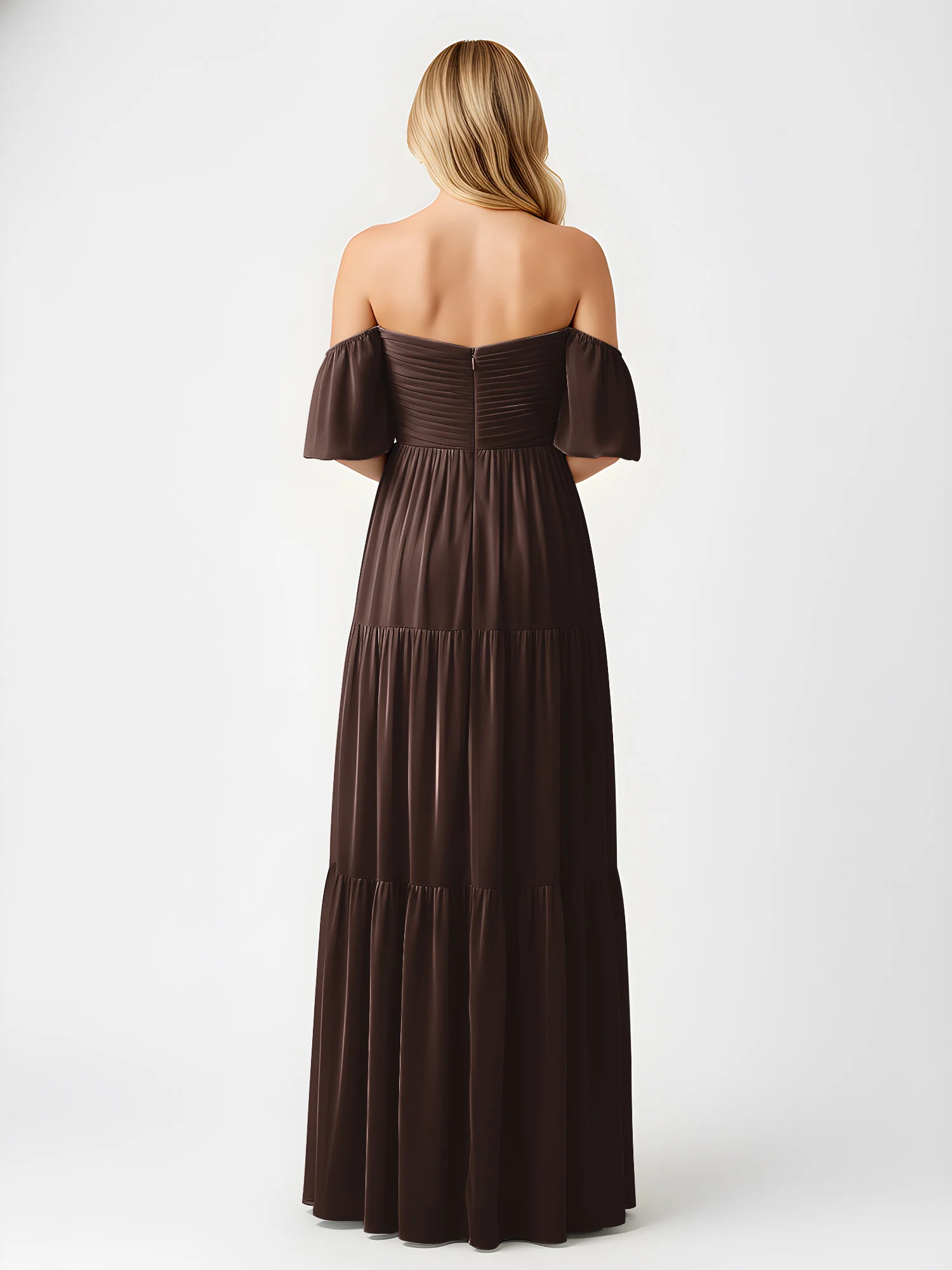 Off-Shoulder Tiered Chiffon Maxi Dress with Slit Chocolate - Image 2