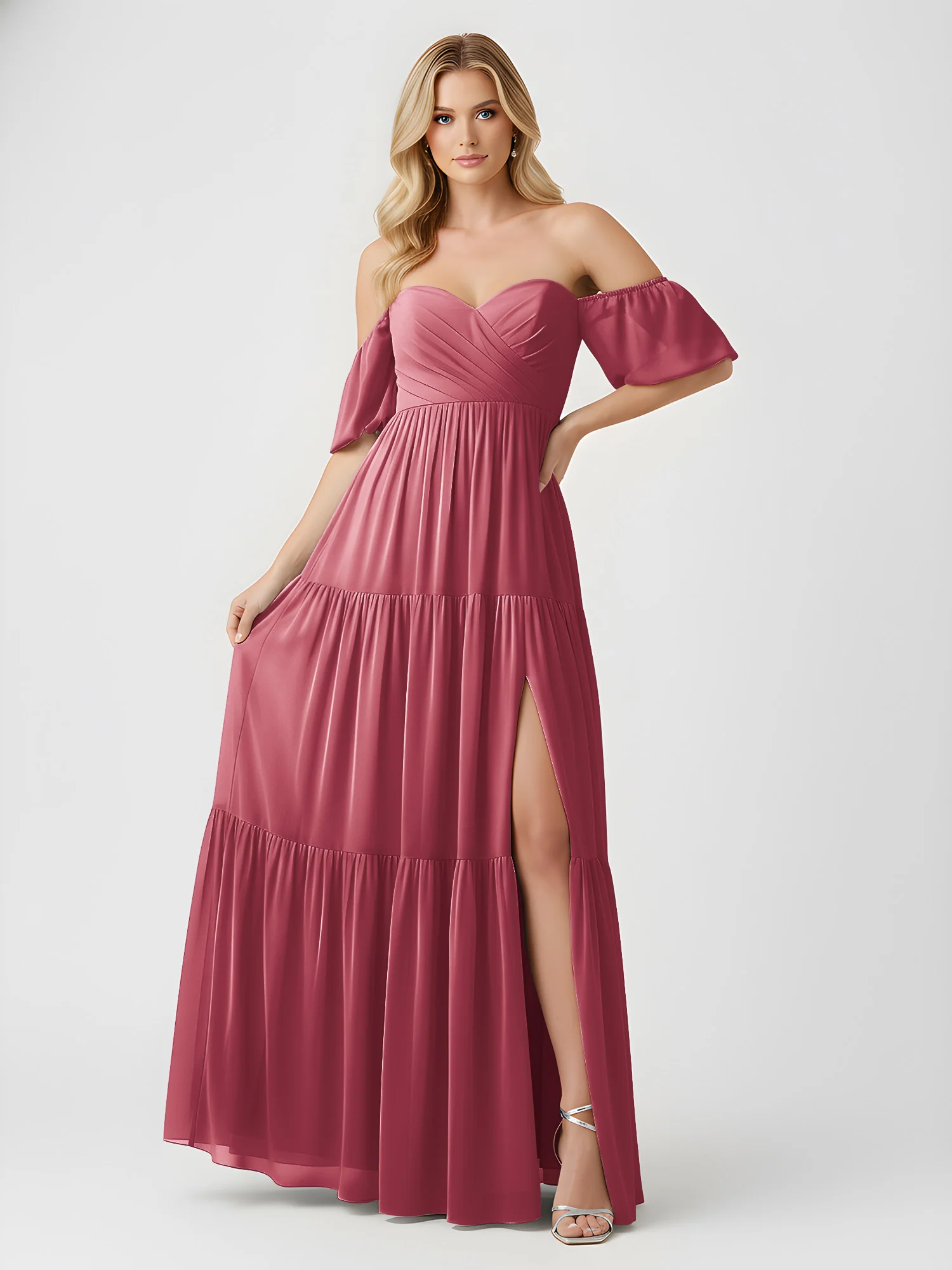 Off-Shoulder Tiered Chiffon Maxi Dress with Slit Cinnamon Rose - Image 3