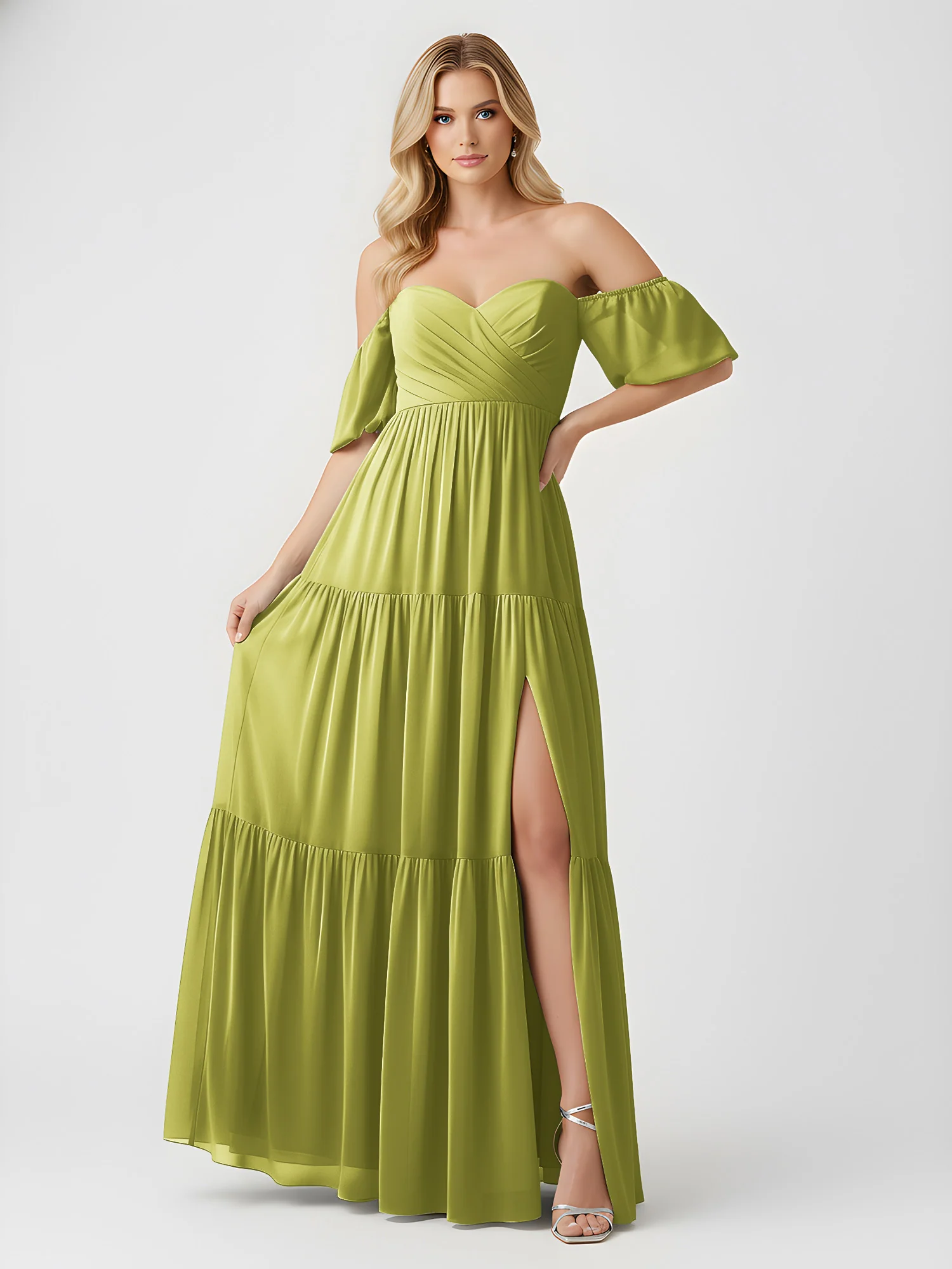 Off-Shoulder Tiered Chiffon Maxi Dress with Slit Clover - Image 3