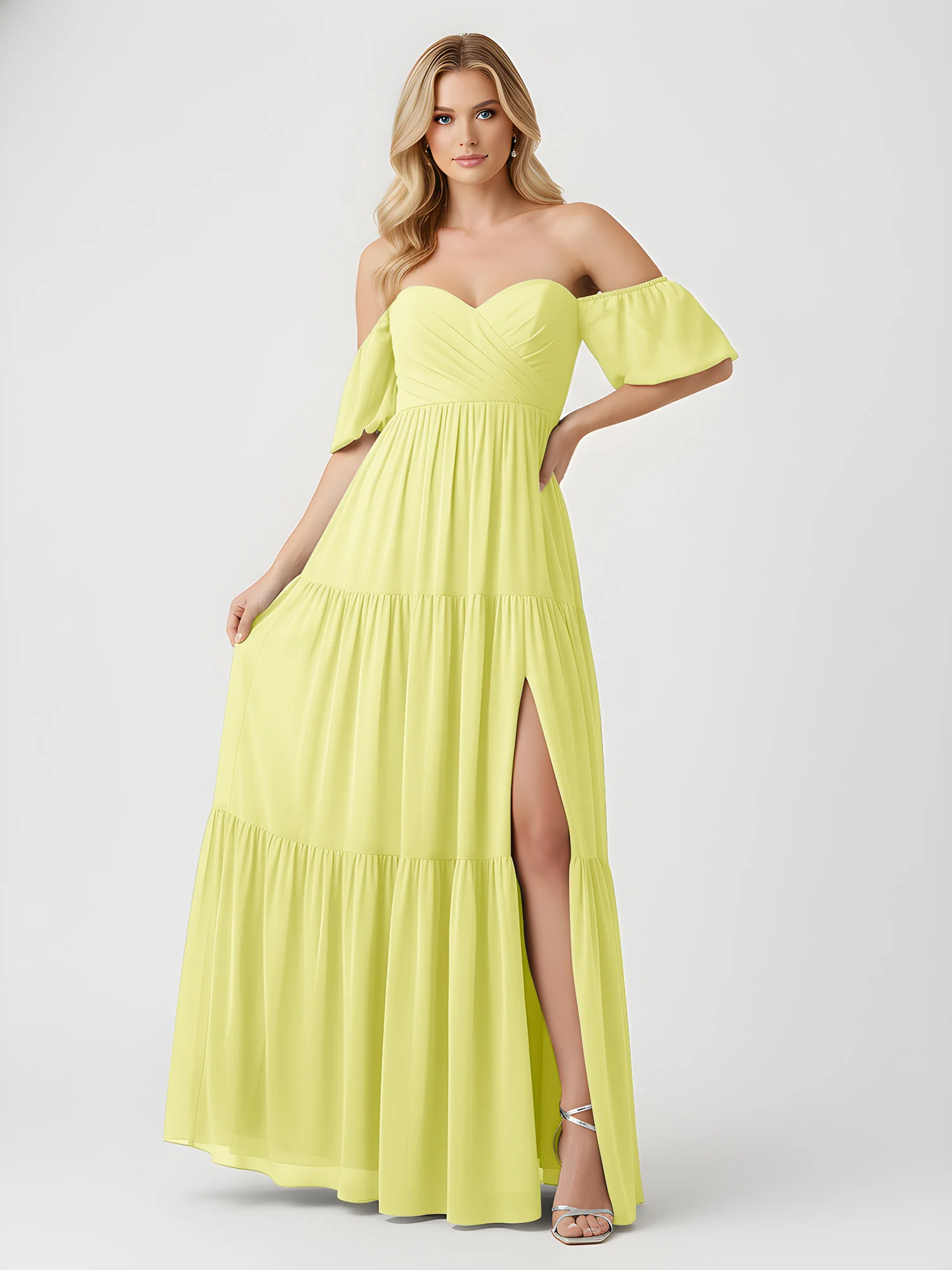 Off-Shoulder Tiered Chiffon Maxi Dress with Slit Daffodil - Image 3