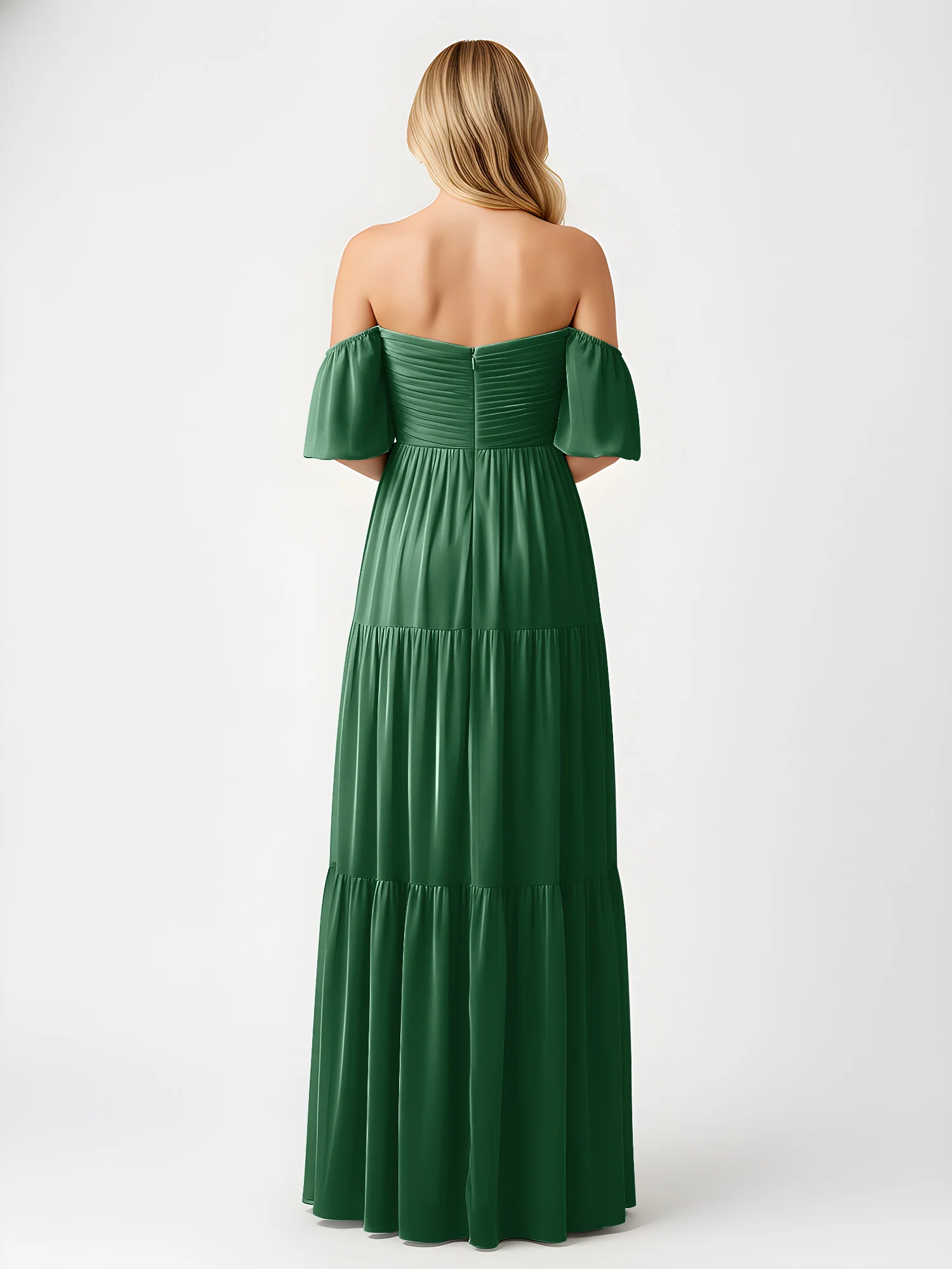 Off-Shoulder Tiered Chiffon Maxi Dress with Slit Dark Green - Image 2