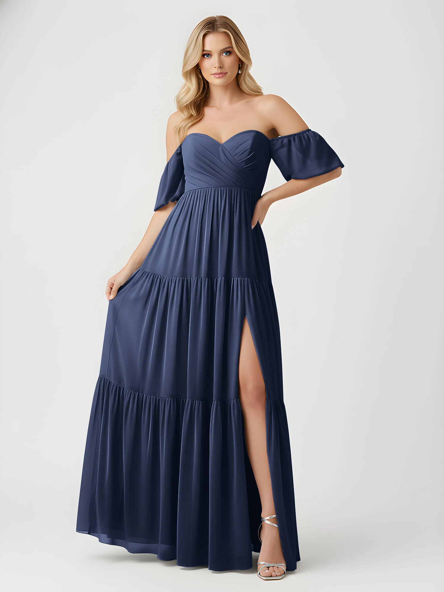 Off-Shoulder Tiered Chiffon Maxi Dress with Slit Dark Navy - Image 3