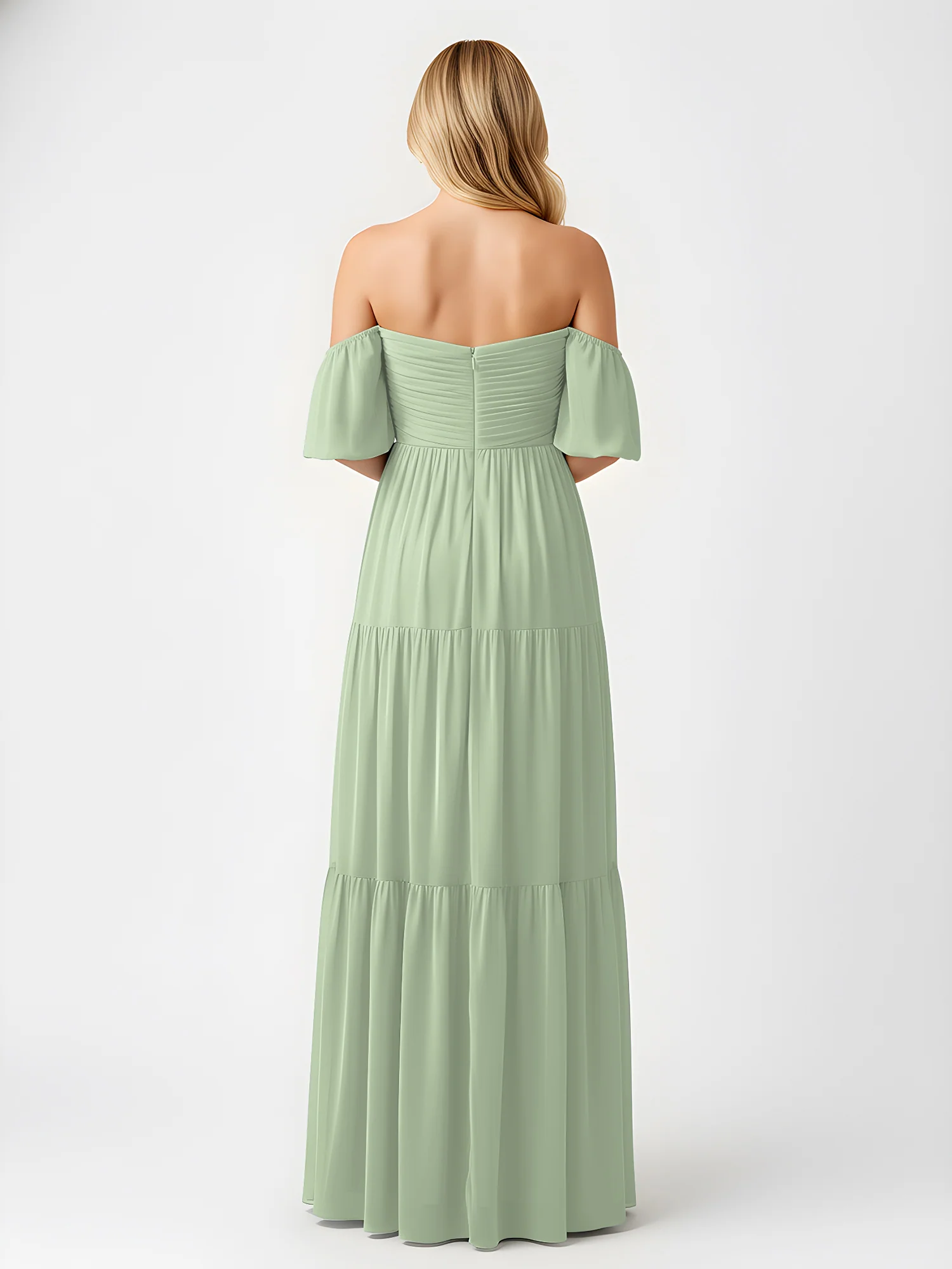 Off-Shoulder Tiered Chiffon Maxi Dress with Slit Dusty Sage - Image 2