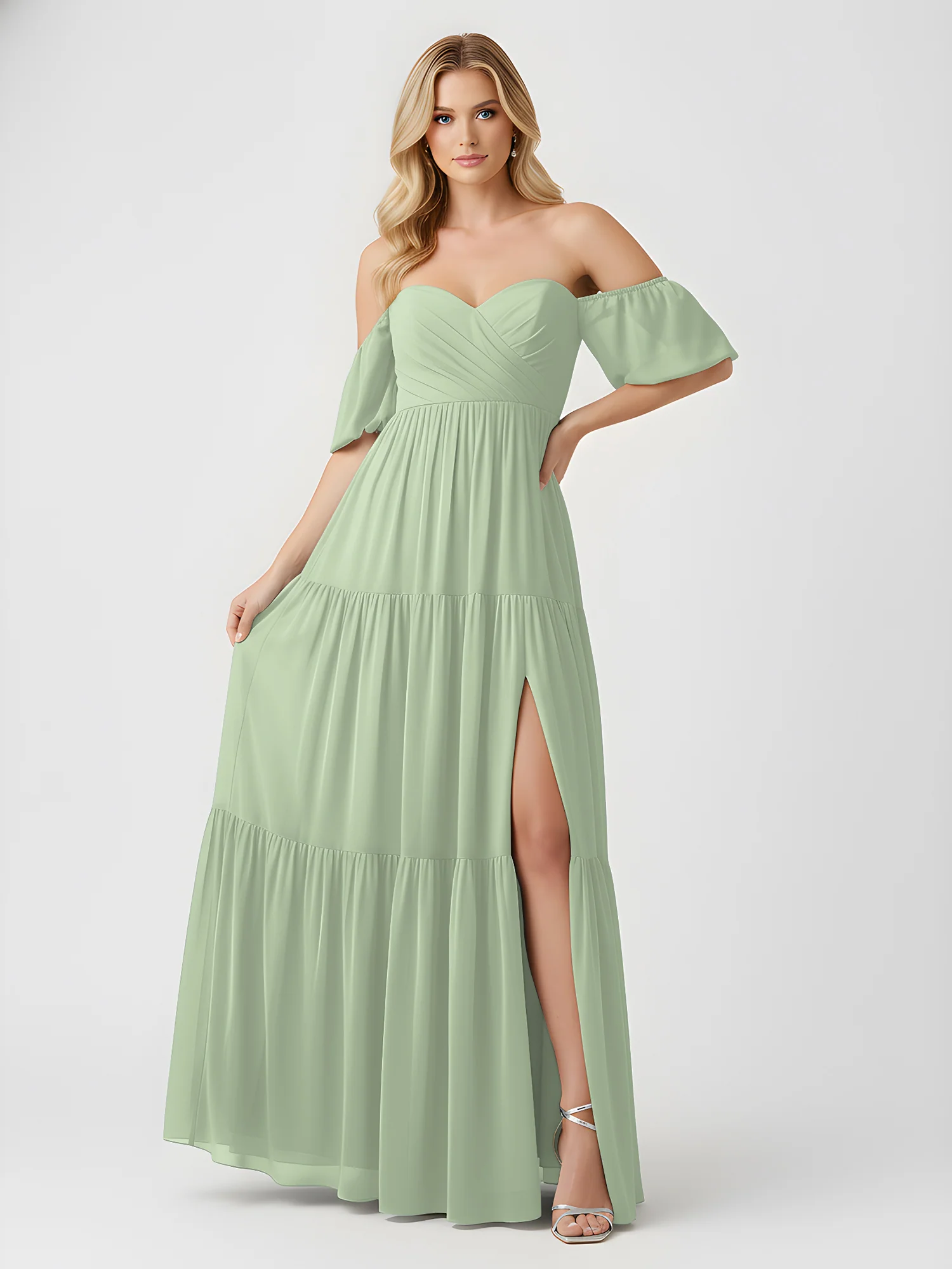 Off-Shoulder Tiered Chiffon Maxi Dress with Slit Dusty Sage - Image 3