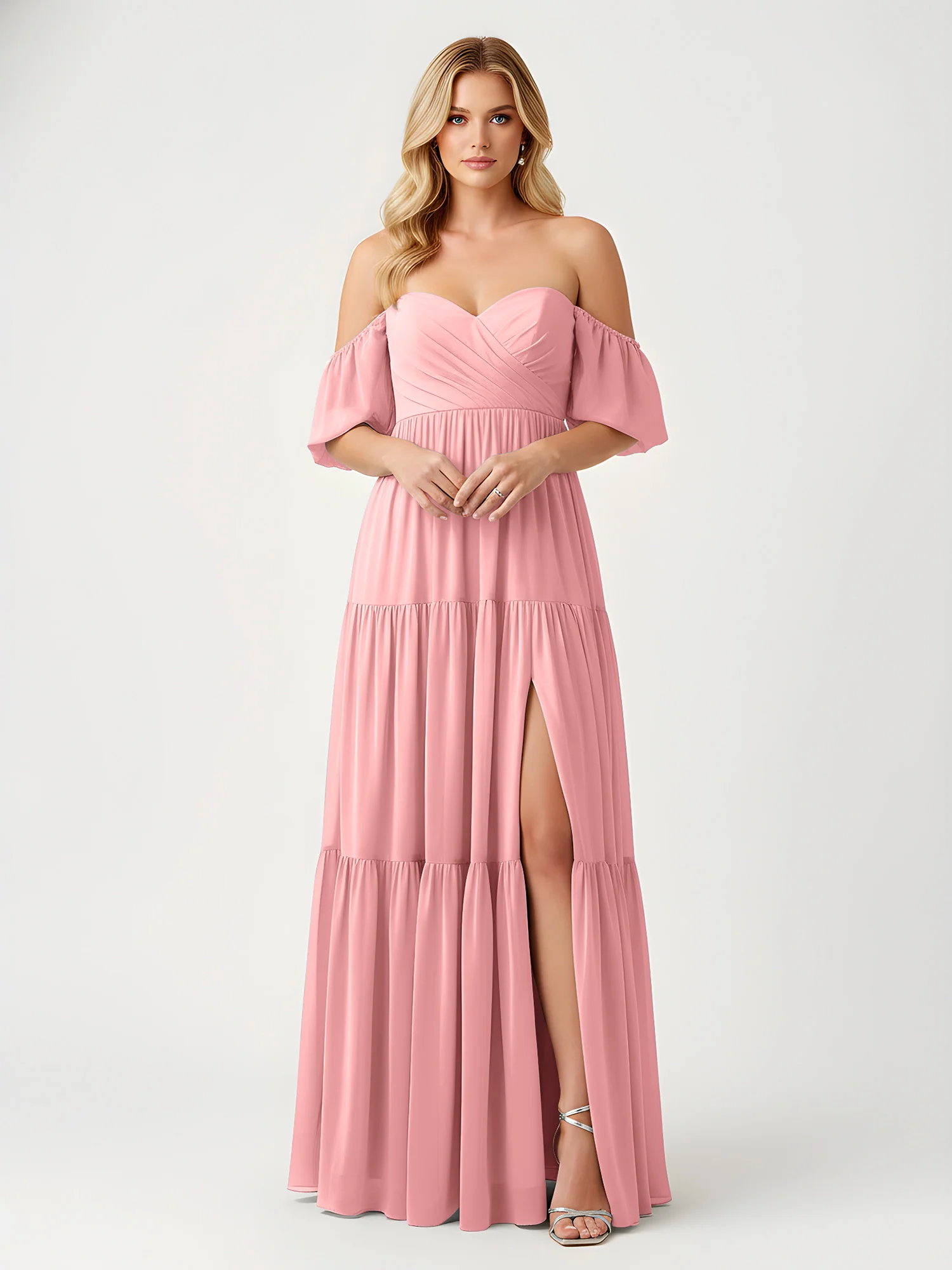 Off-Shoulder Tiered Chiffon Maxi Dress with Slit Flamingo